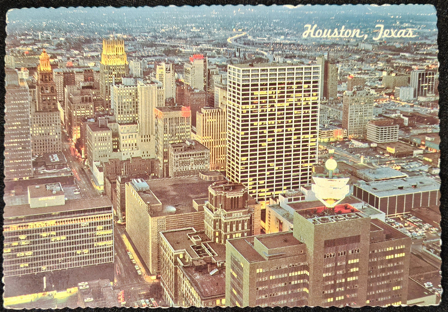 Houston Texas Skyline At Night - 1970s Aerial Color Photo Postcard