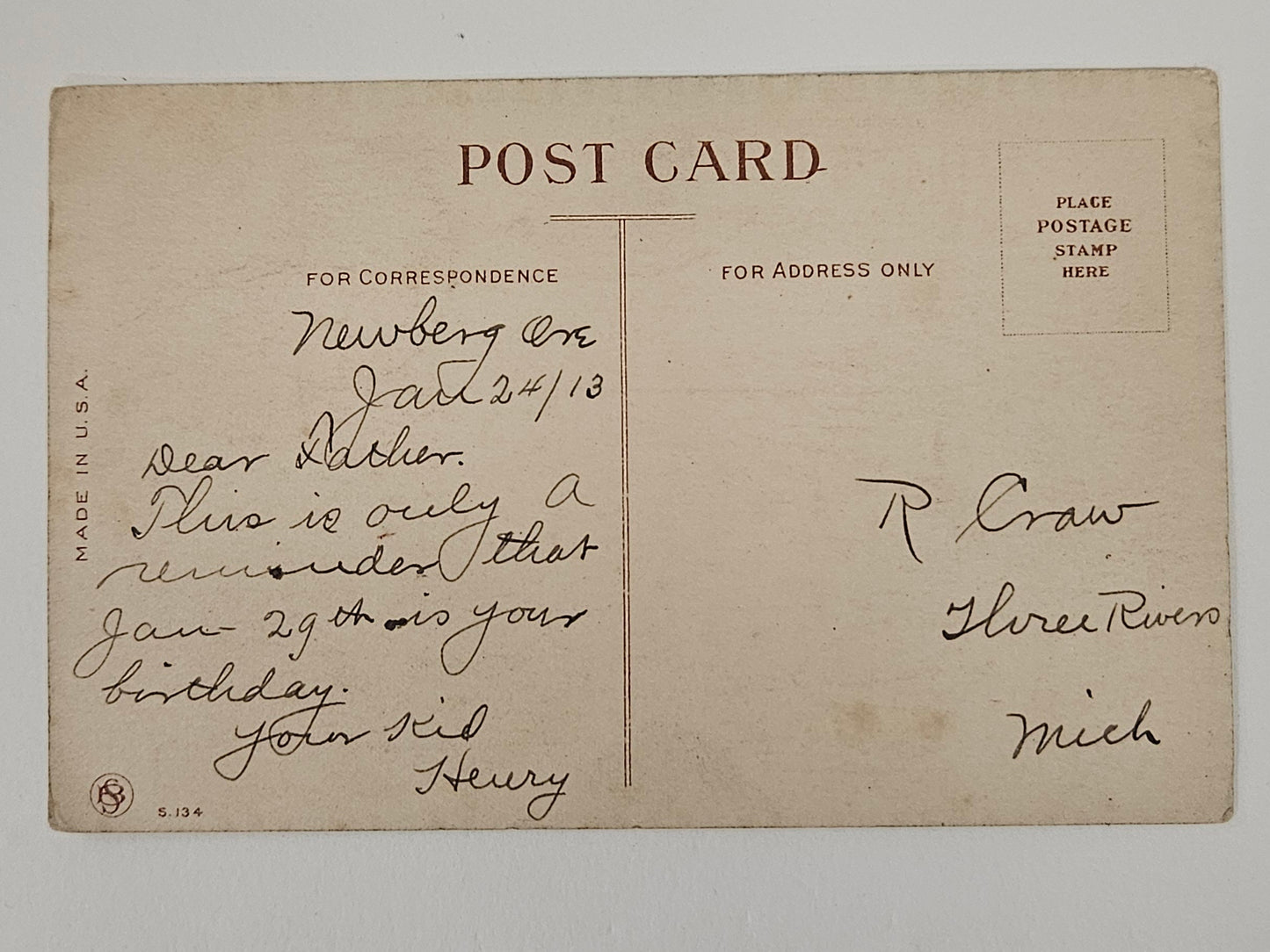 Newberg "I Vill Velcome You Ven You Come To" - Dutch Boy with googly-eyes Drawing - 1913 Postcard with SB logo in Circle
