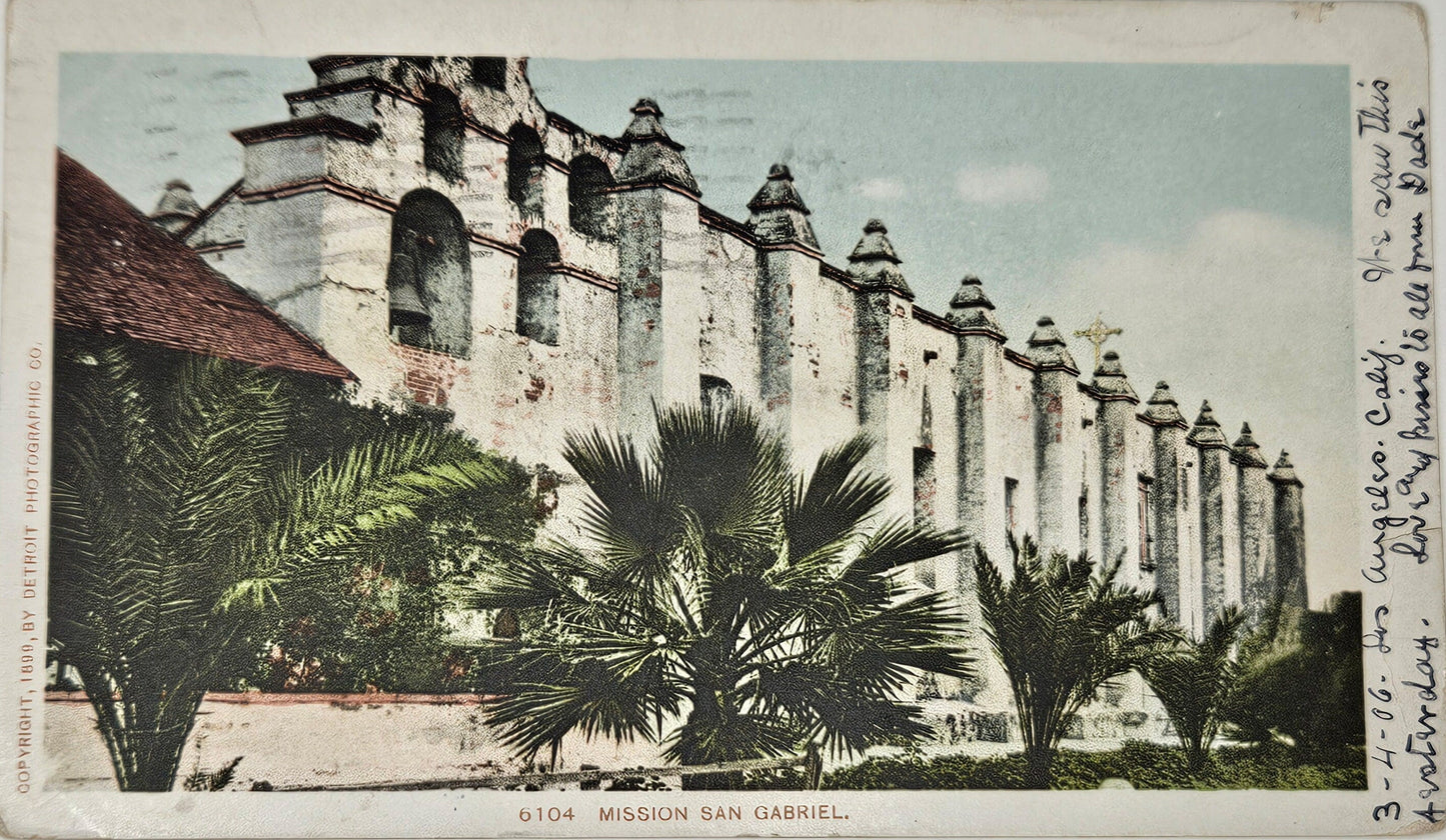 Mission San Gabriel Archangel Catholic Church, California - RARE Vintage Postcard - 1906 - Hand tinted Color on 1899 Photo