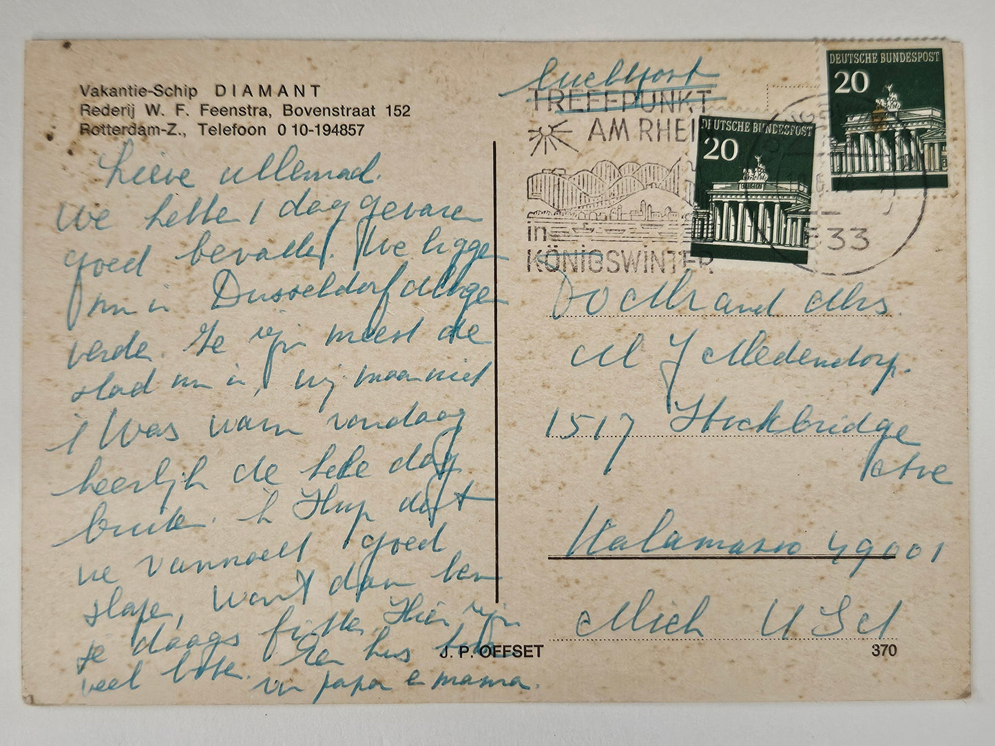 German Ship Diamant Dusseldorf - Passenger Ferry With Mountain Farmland - 1970 Postcard