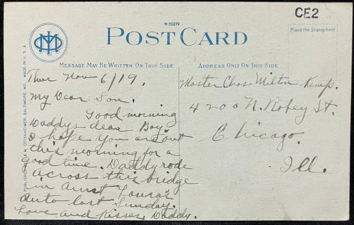 Cedar Avenue Bridge over Stony Run, Baltimore, MD. - Vintage 1919 Bridge Postcard -From a Loving Father to his Son