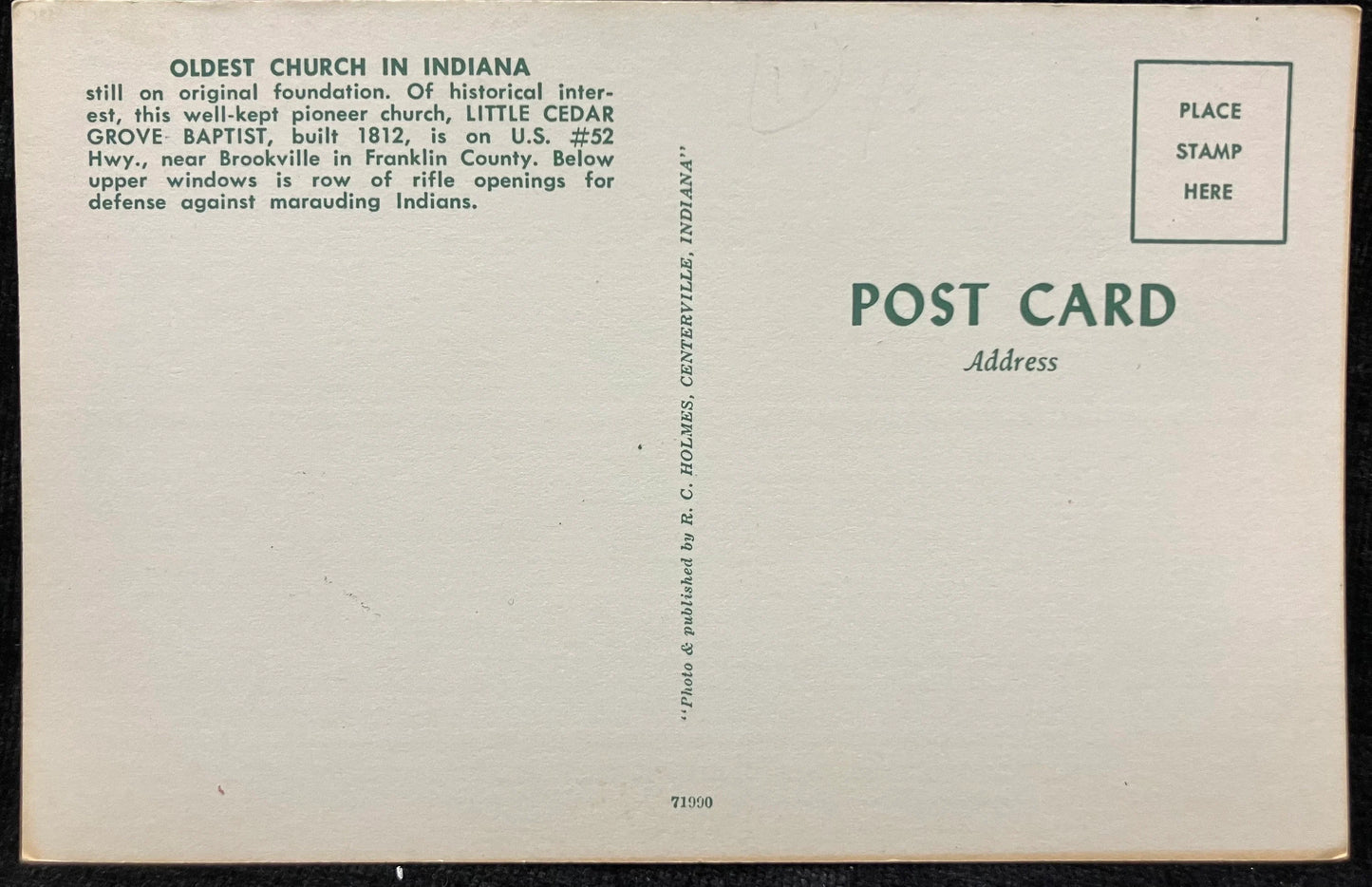 Little Cedar Grove Baptist - Oldest Church in Indiana - Photo: R. C. Holmes - Vintage Church Postcard