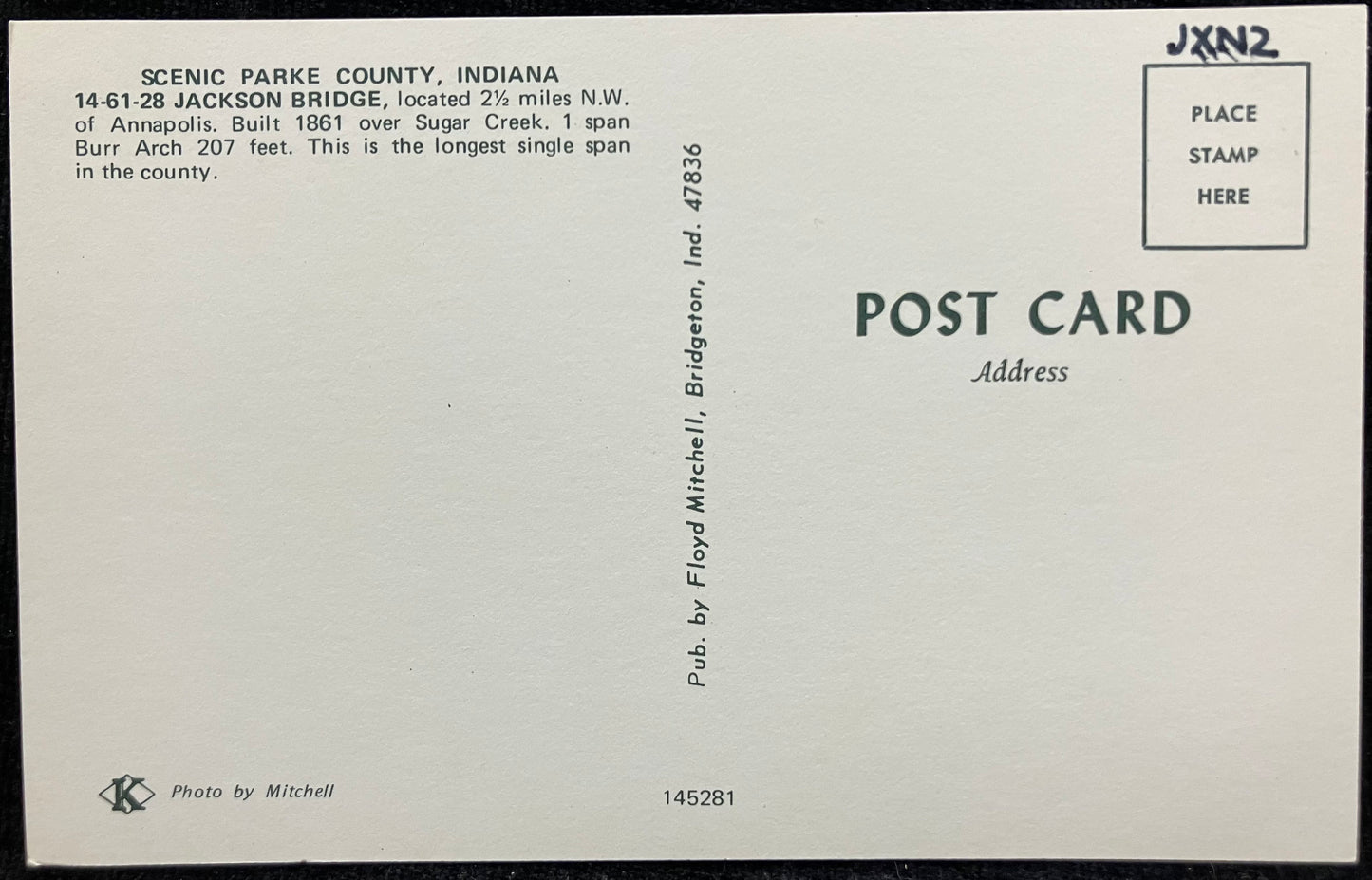 Jackson Bridge - Scenic Park County, Indiana - Photo: Mitchell - Vintage Covered Bridge Postcard