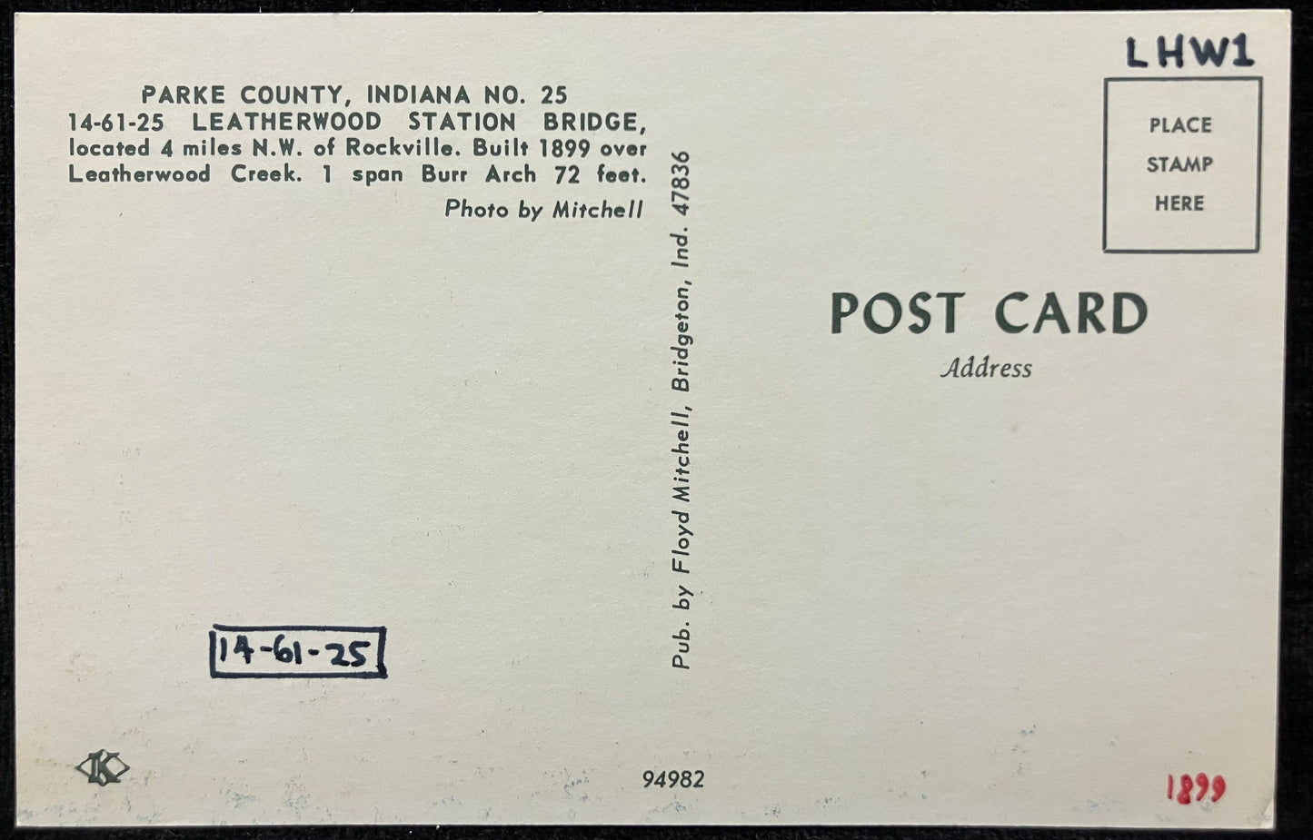Leatherwood Station Bridge - Parke County, Indiana - Photo: Mitchell - Vintage Covered Bridge Postcard