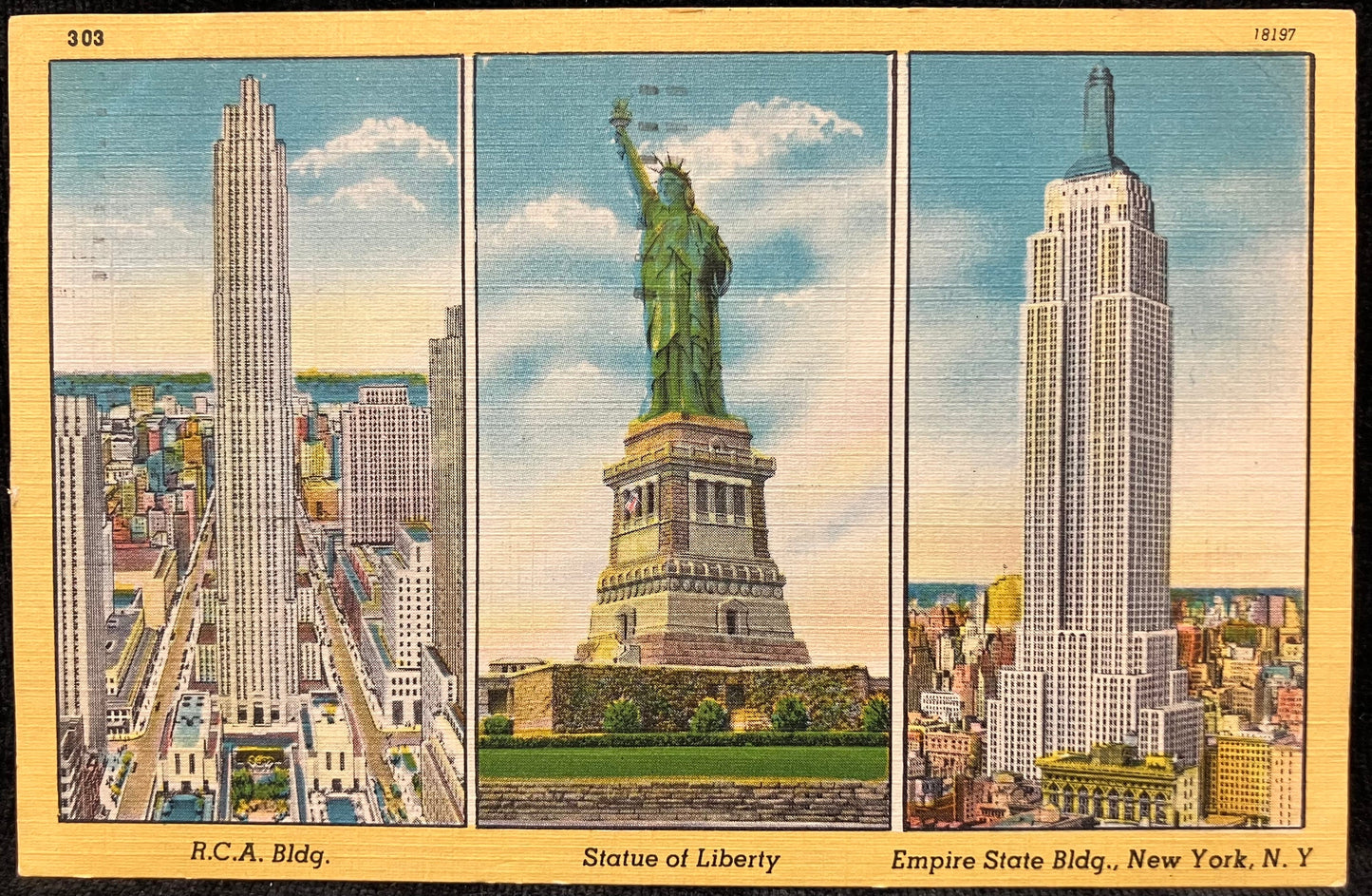 R. C. A. Bldg. - Statue of Liberty - Empire State Bldg., New York, New York - 1950 Advertising Postcard - LaPaulls, 327 S. Burdick, Kalamazoo