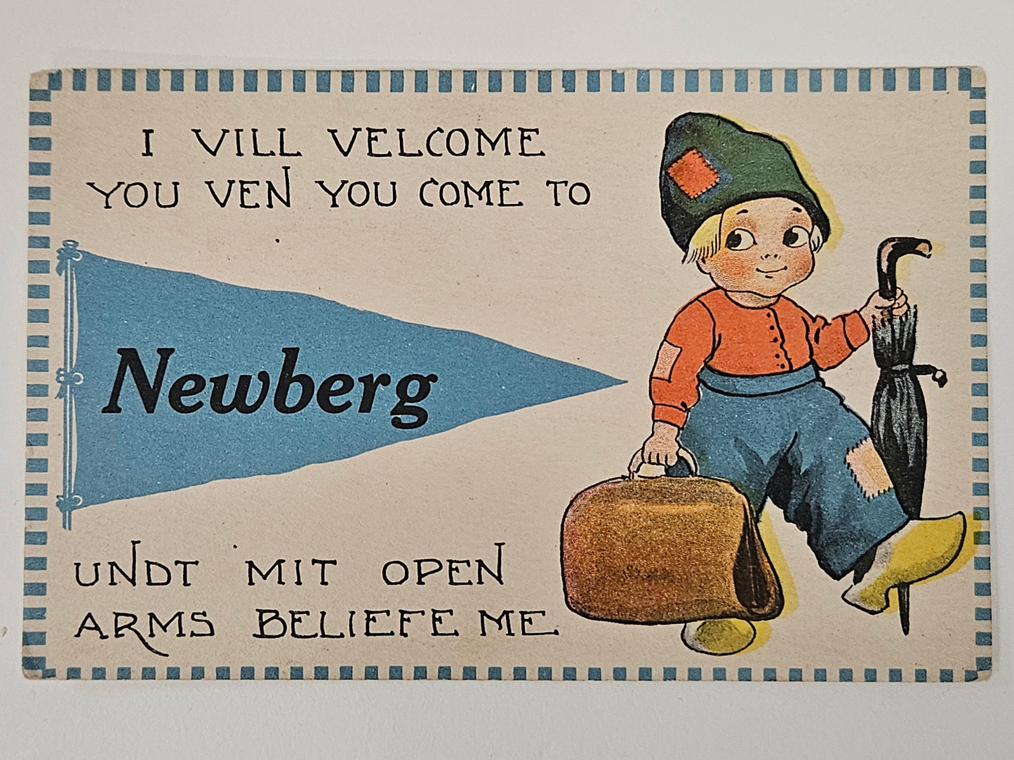 Newberg "I Vill Velcome You Ven You Come To" - Dutch Boy with googly-eyes Drawing - 1913 Postcard with SB logo in Circle