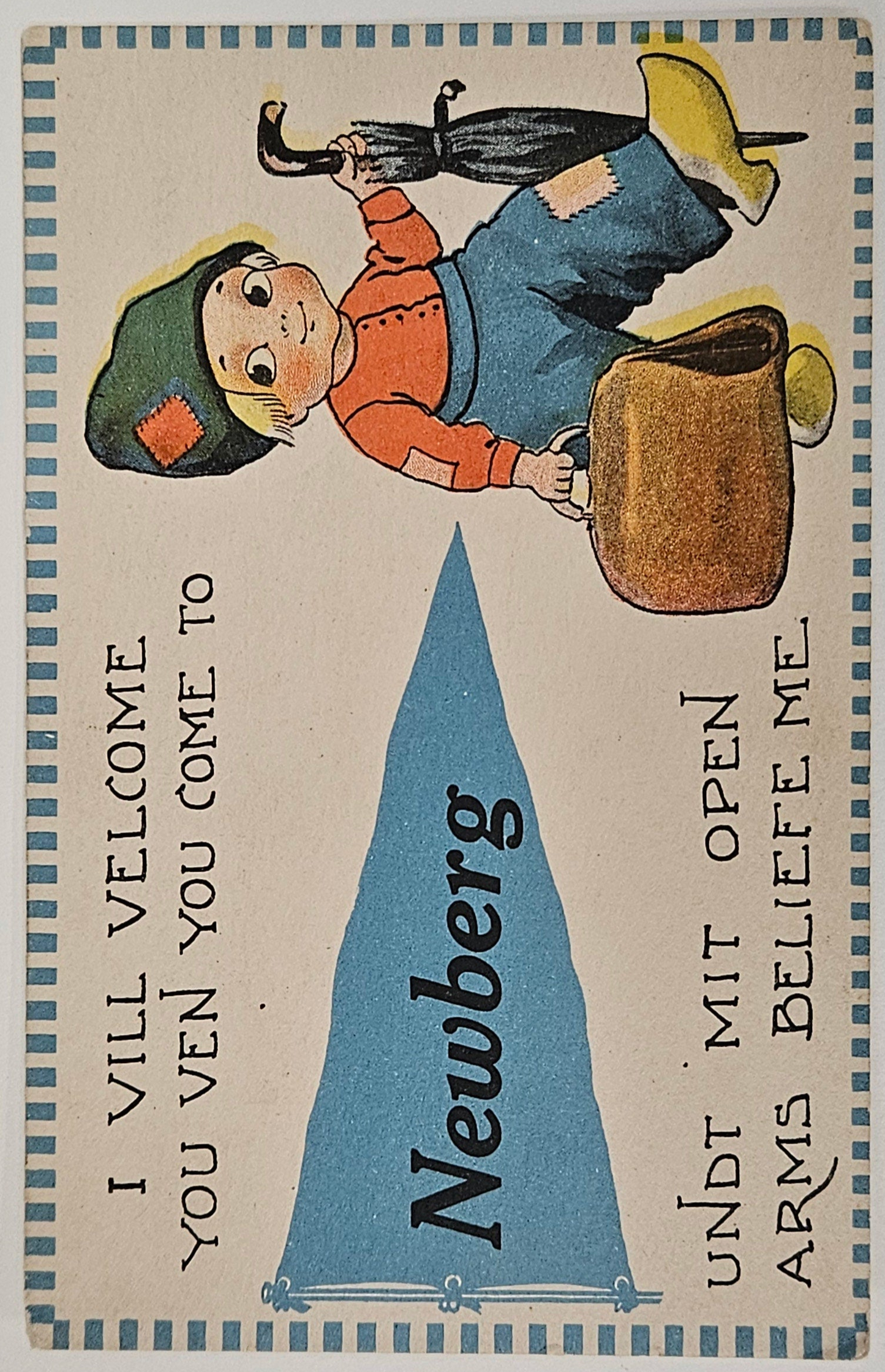 Newberg "I Vill Velcome You Ven You Come To" - Dutch Boy with googly-eyes Drawing - 1913 Postcard with SB logo in Circle