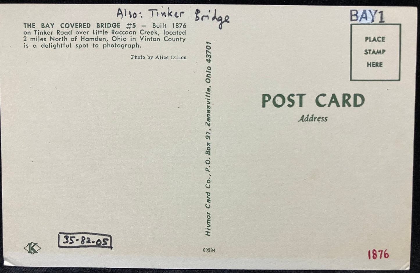 The Bay Covered Bridge - Vinton County, Ohio - Tinker Bridge - Photo by Alice Dillon - Vintage Covered Bridge Postcard