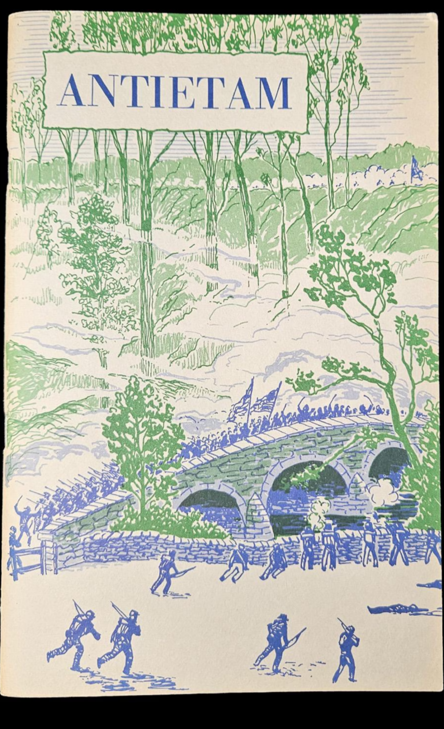 Book cover of 'Antietam' with a drawing of soldiers and a bridge.