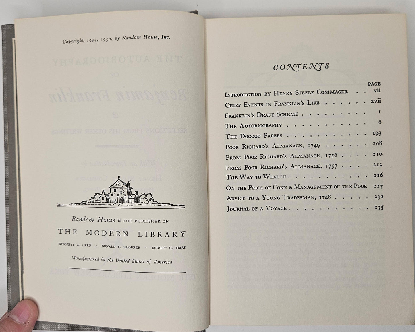 The Autobiography of Benjamin Franklin- Published 1944, 1950 - Random House Modern Library- Hardcover - No Dust Jacket