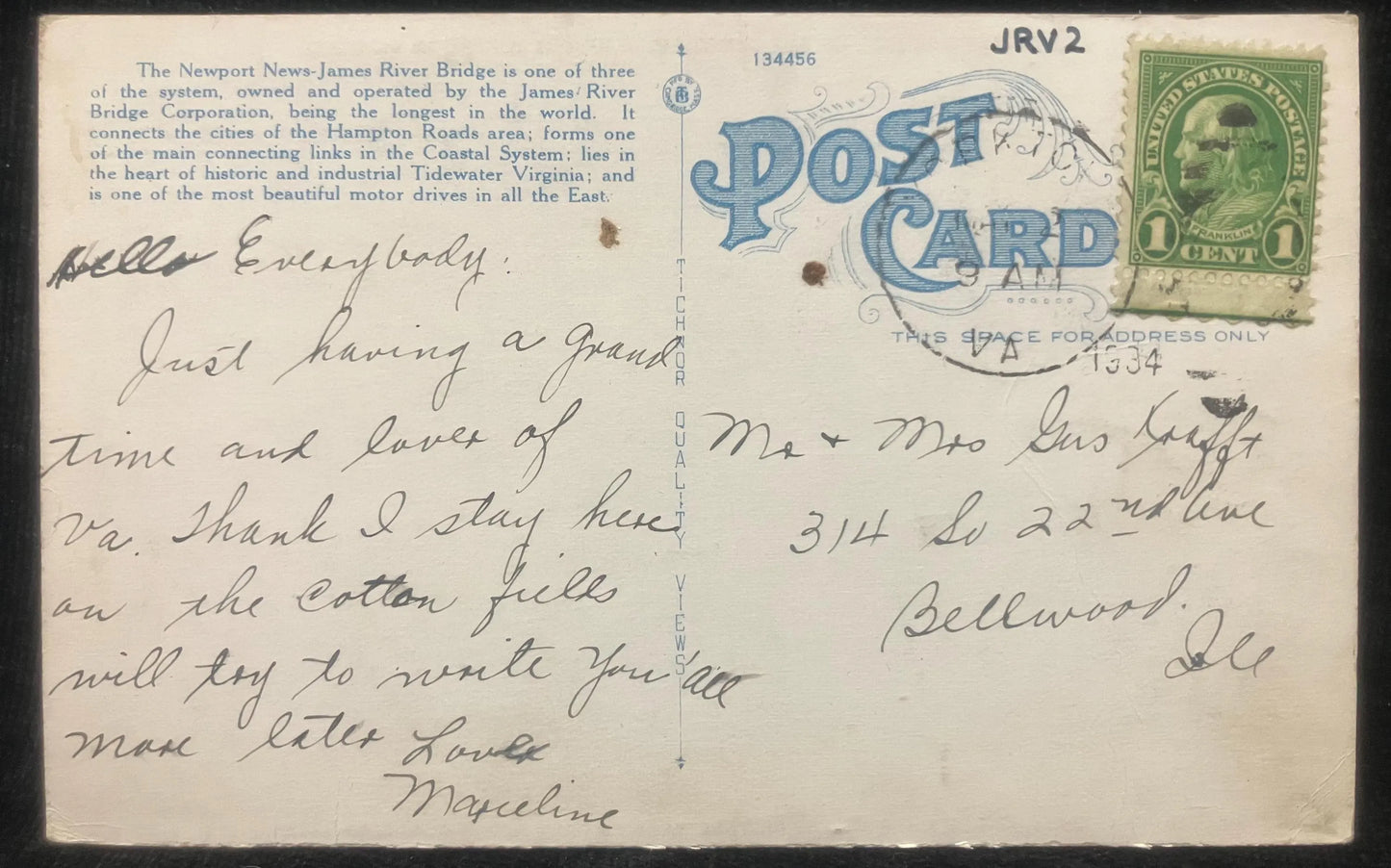 Newport News-James River Bridge of the James River Bridge System in Virginia - Langley Field, Virginia - Vintage Bridge Postcard
