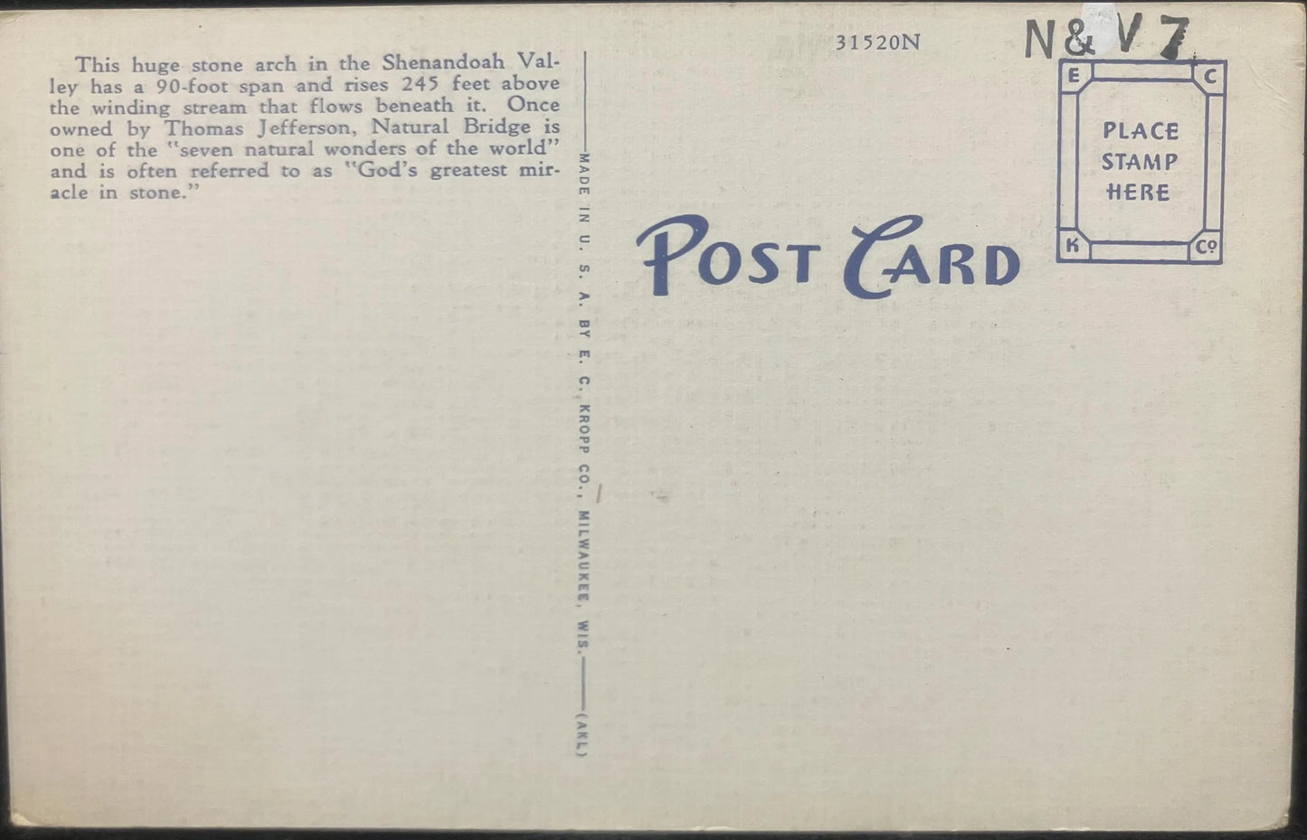 Natural Bridge, Virginia - Vintage Landmark Postcard