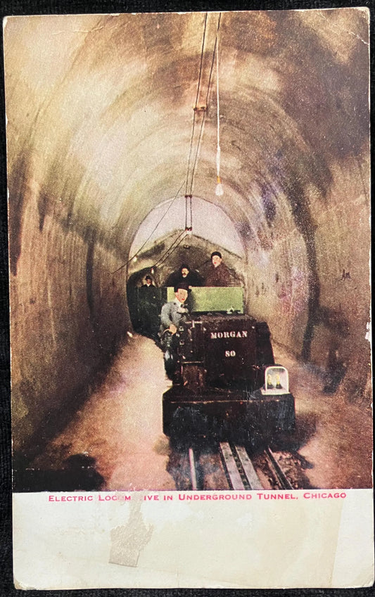 Electric Locomotive in Underground Tunnel, Chicago - Vintage Train Postcard