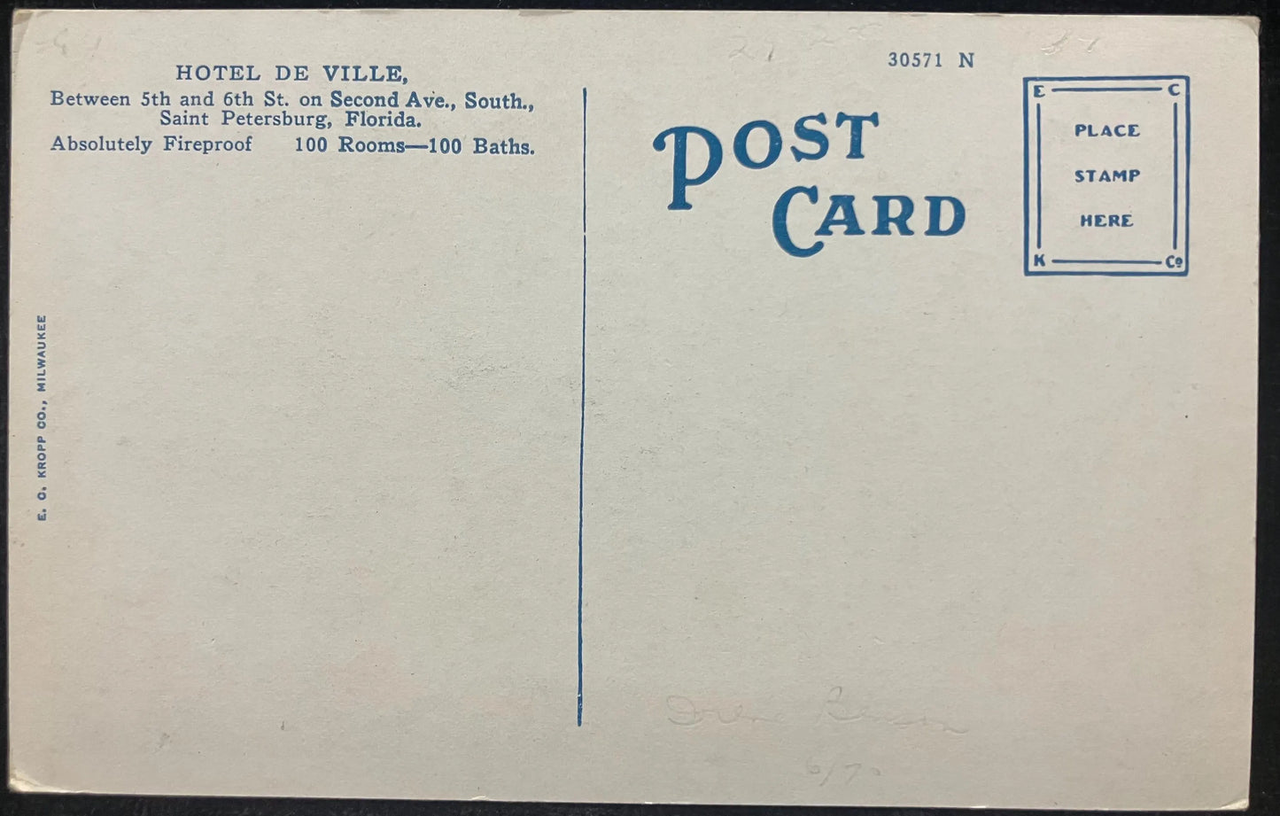 Hotel De Ville, Saint Petersburg, Florida - Vintage Hotel Postcard