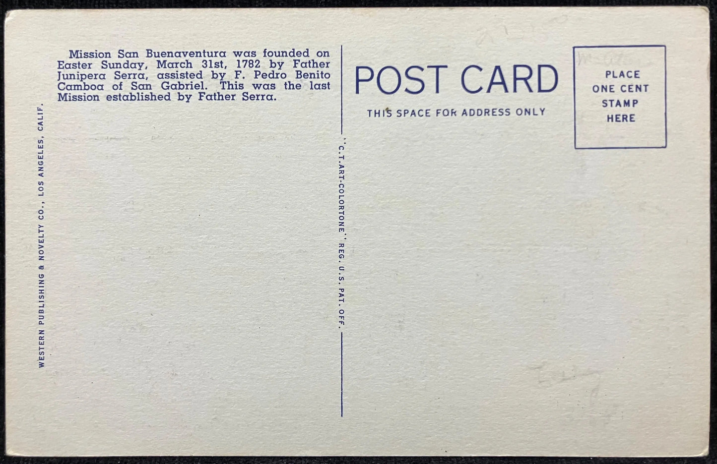 Mission San Buenaventura, at Ventura, California - Vintage Mission Postcard