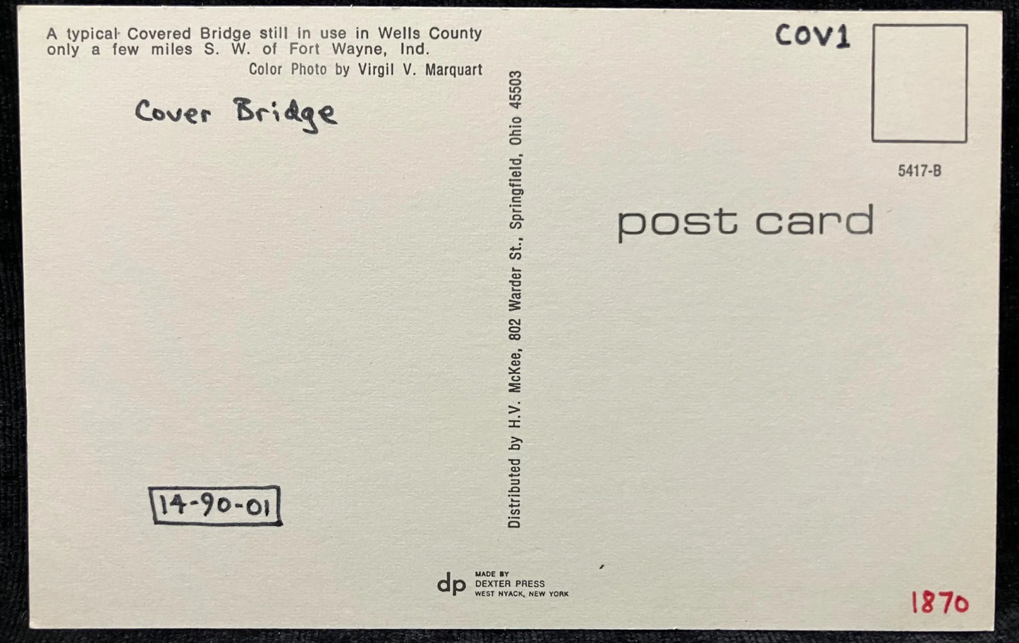 Covered Bridge in Wells County, Indiana - Photo: Virgil V. Marquart - Vintage Bridge Postcard