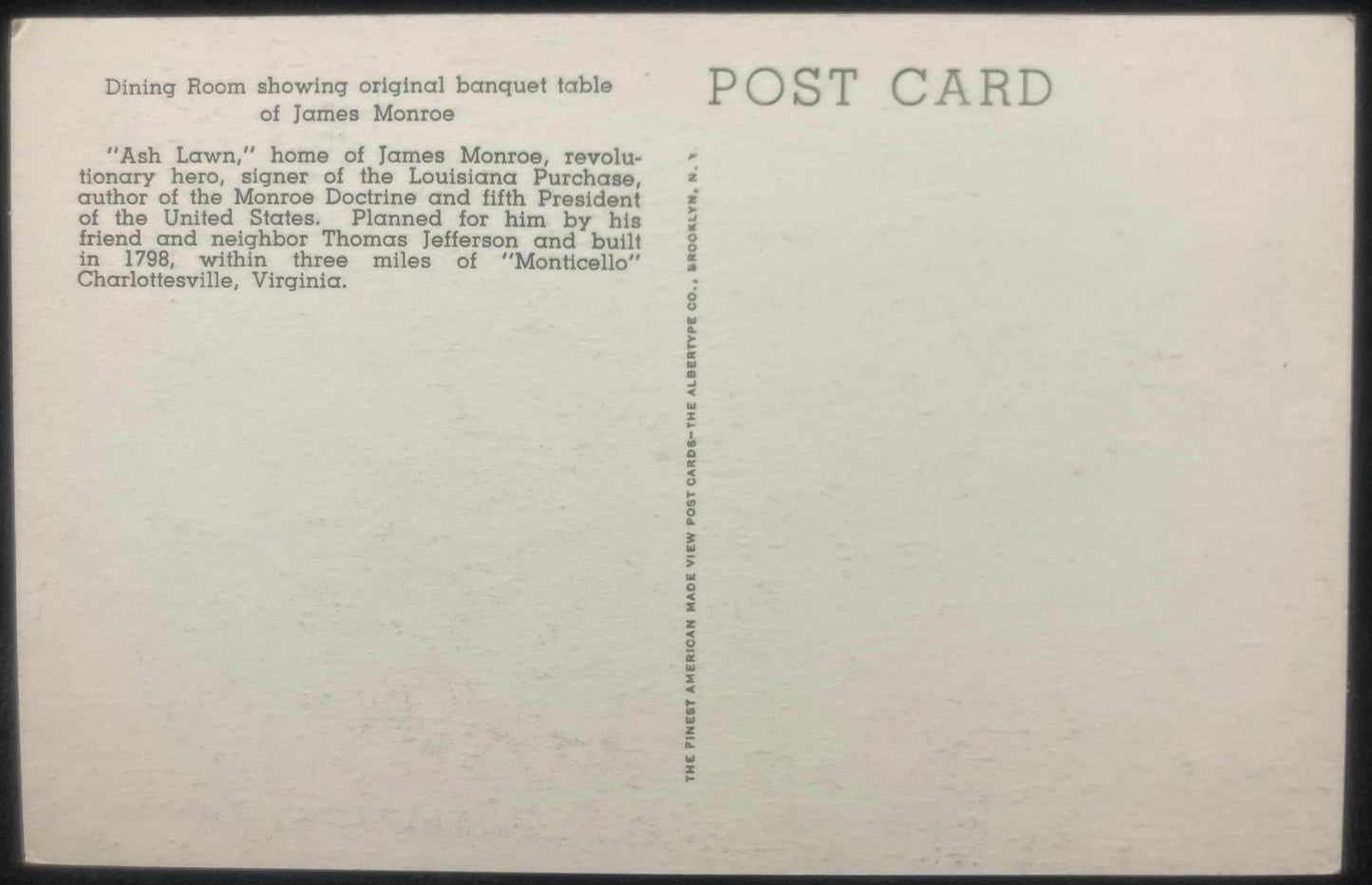 James Monroe’s Dining Room - Charlottesville, Virginia - Vintage Postcard