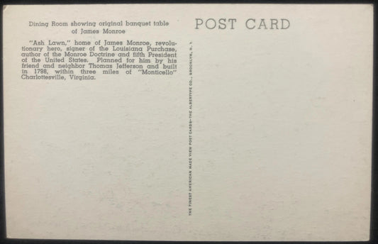 James Monroe’s Dining Room - Charlottesville, Virginia - Vintage Postcard