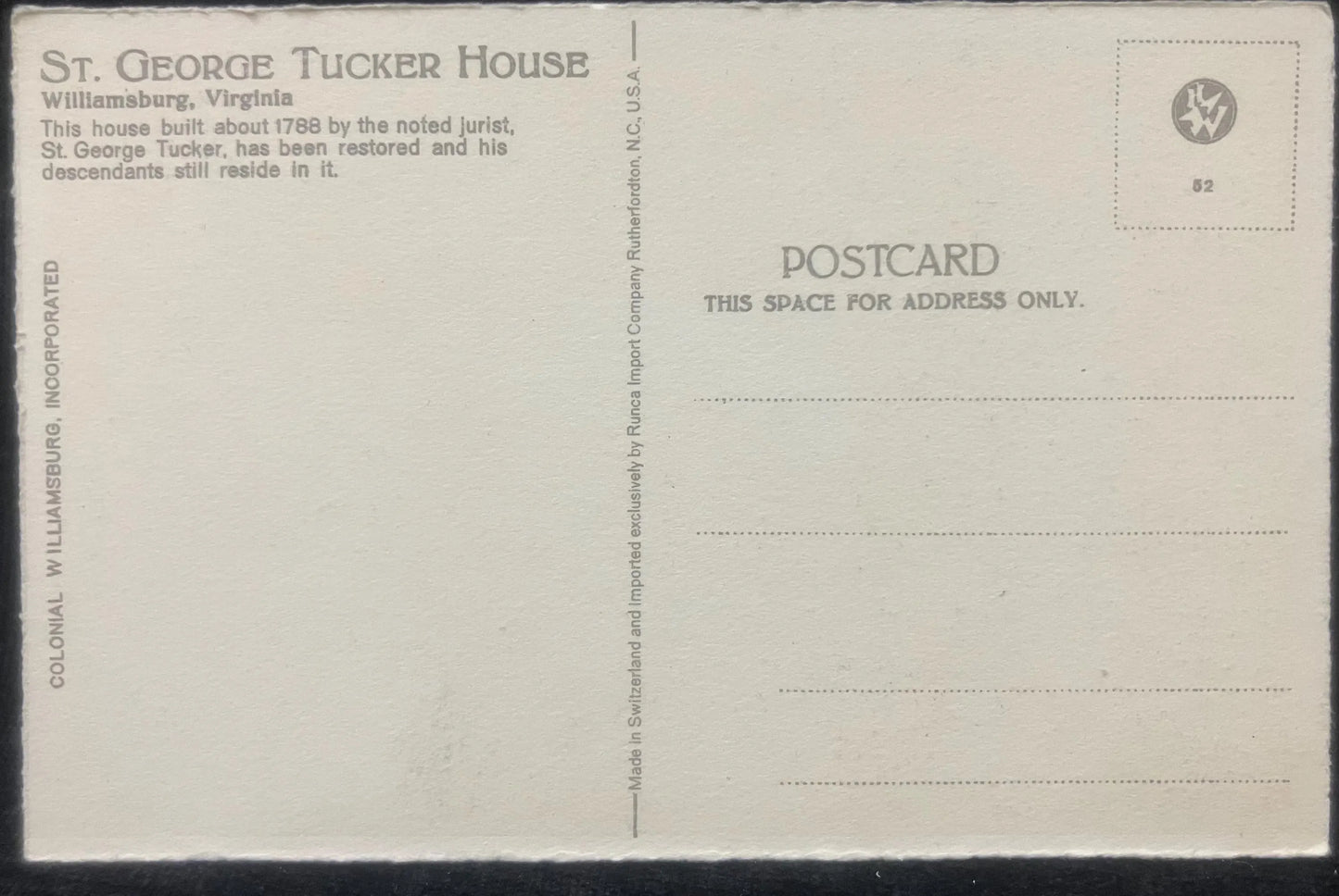 St. George Tucker House, Williamsburg, Virginia - Made in Switzerland - Vintage Postcard