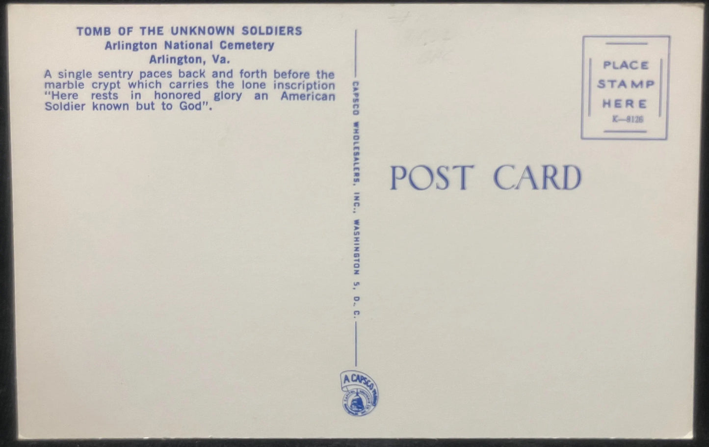 Tomb of the Unknown Soldiers, Arlington National Cemetery, Arlington, Virginia - Vintage Cemetery Postcard