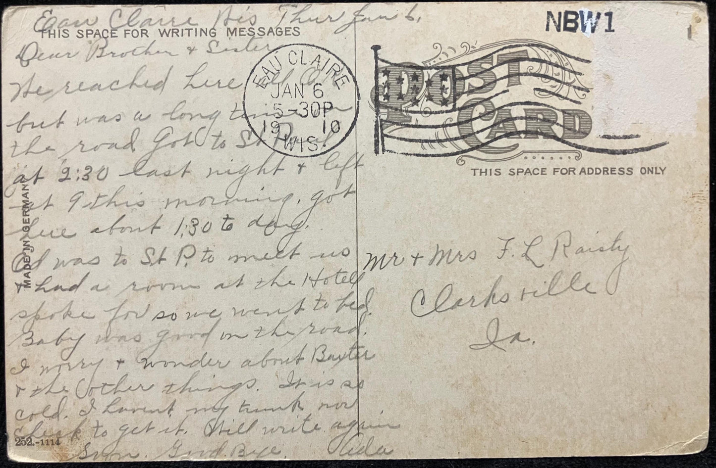 New Barstow St. Bridge, Eau Claire, Wis. - Postcard Made in Germany - Vintage 1910 Bridge Postcard - Wisconsin 1910 Postcard