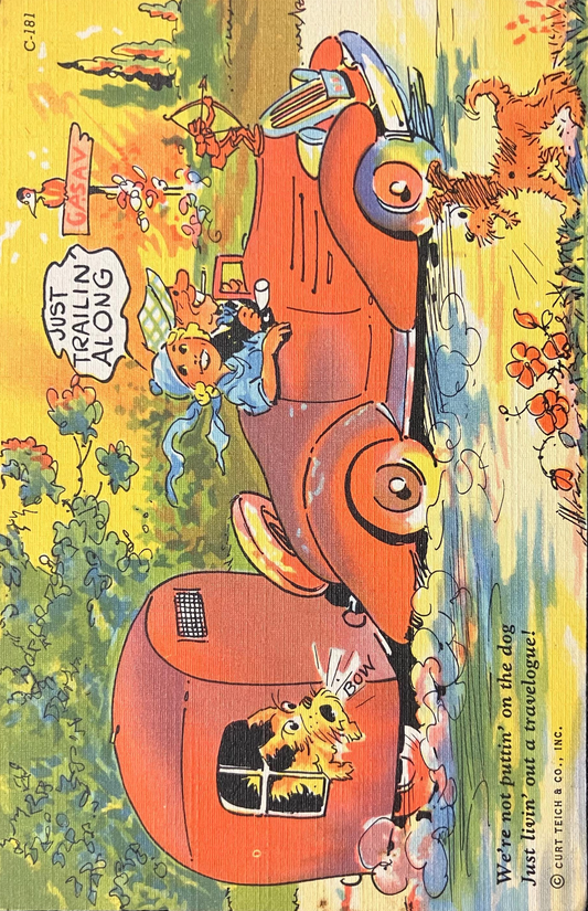 Cartoon Postcards - 1940s-50s - "Just livin' out a travelogue!" (card 1) - "I'm Down to Bare Essenti