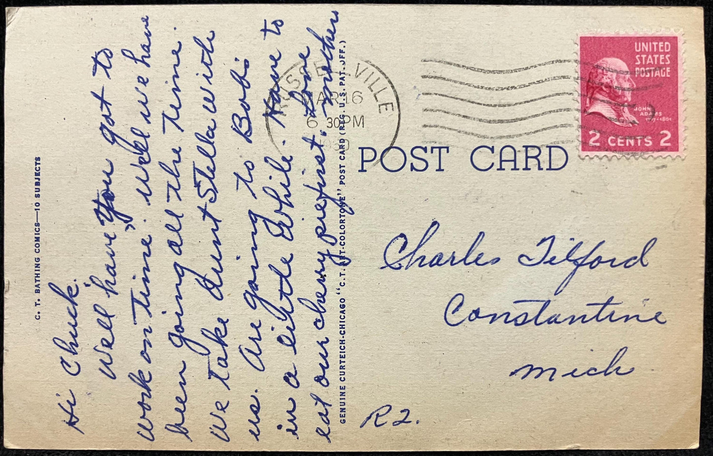 Cartoon Postcards - 1940s-50s - "Just livin' out a travelogue!" (card 1) - "I'm Down to Bare Essentials!" (card 2 )- Sold as a Set -Cartoons