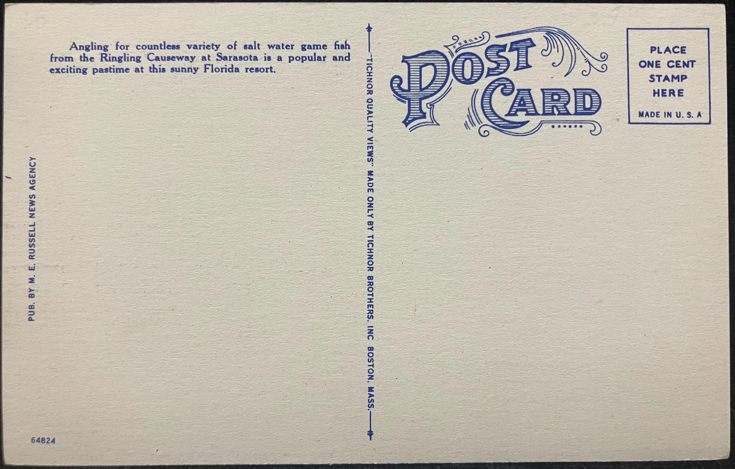 Fishing on Ringing Causeway, Sarasota, Florida - Vintage Linen Bridge Postcard