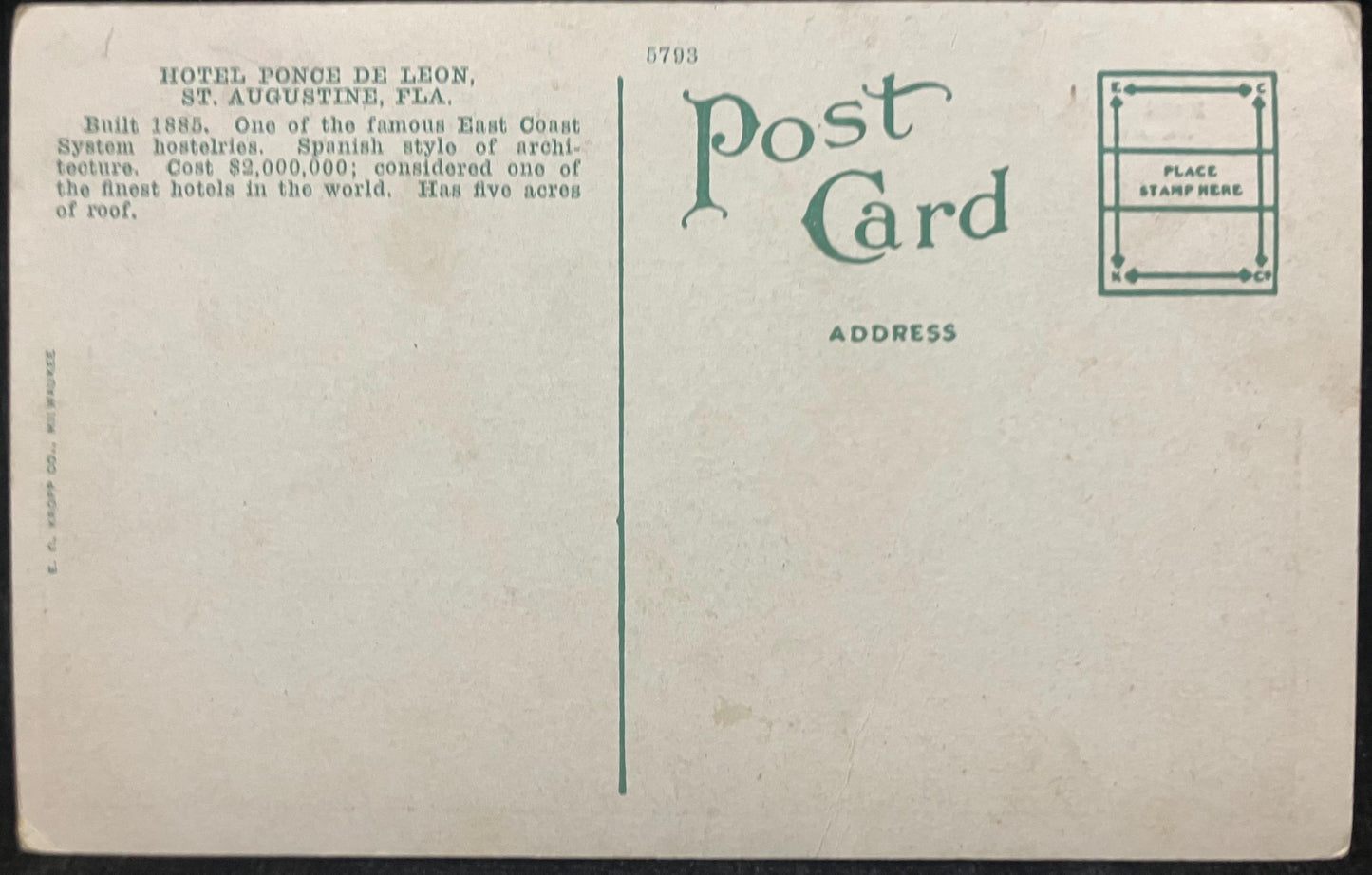 Hotel Ponce De Leon, St. Augustine, Florida - Vintage Hotel Postcard