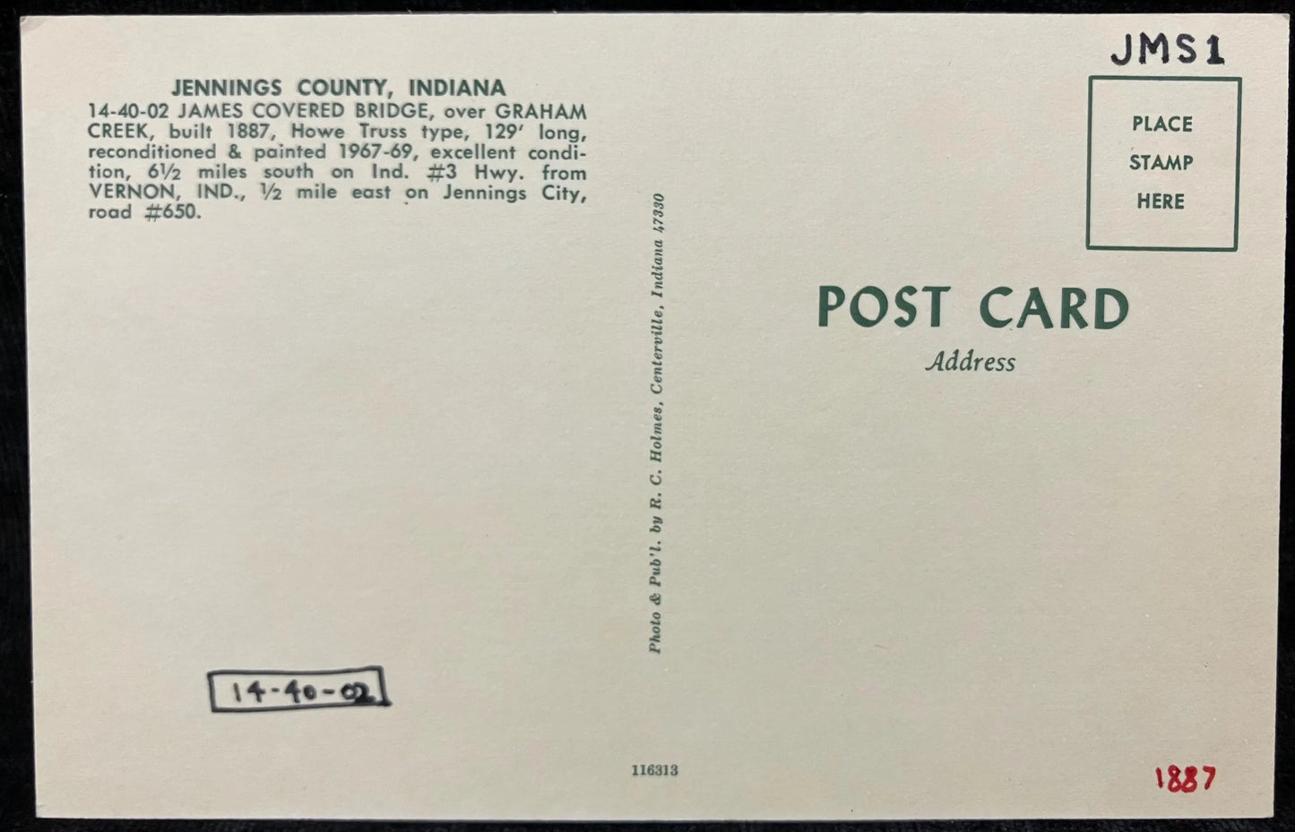 James Covered Bridge over Graham Creek - Jennings County, Indiana - Vintage Bridge Postcard