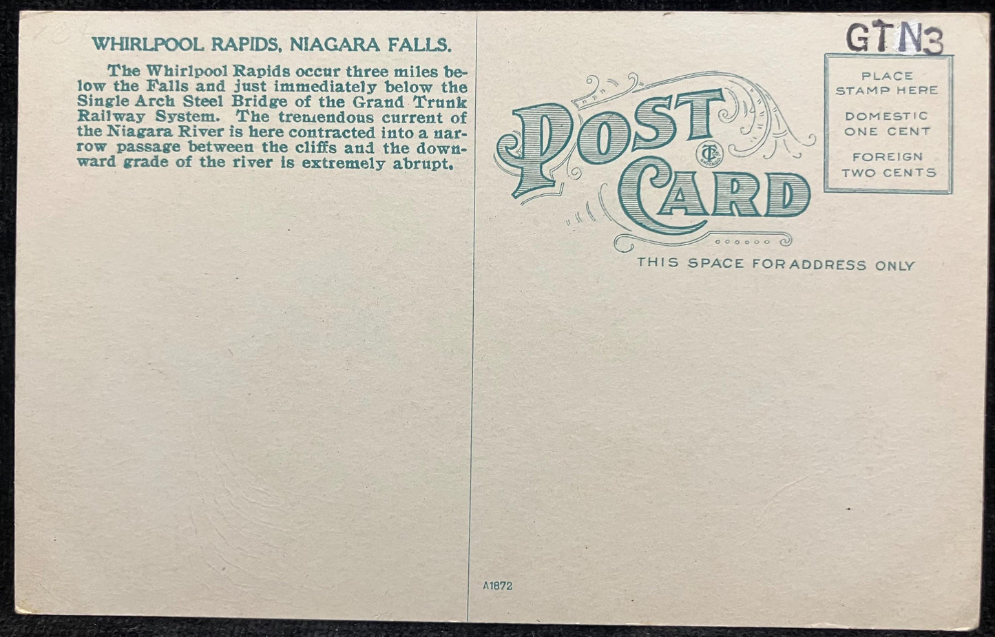 Whirlpool Rapids - Niagara - Vintage Bridge Postcard - Single arch Bridge of Grand Trunk Railway - 1910 -1915 Train Beginning to Crossing