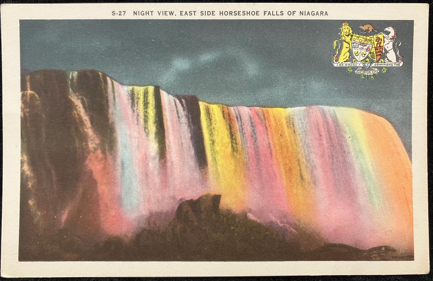 Night View - East Side of Horseshoe Falls of Niagara - Canadian Coat of Arms - Printed in Canada - Vintage Waterfall Postcard