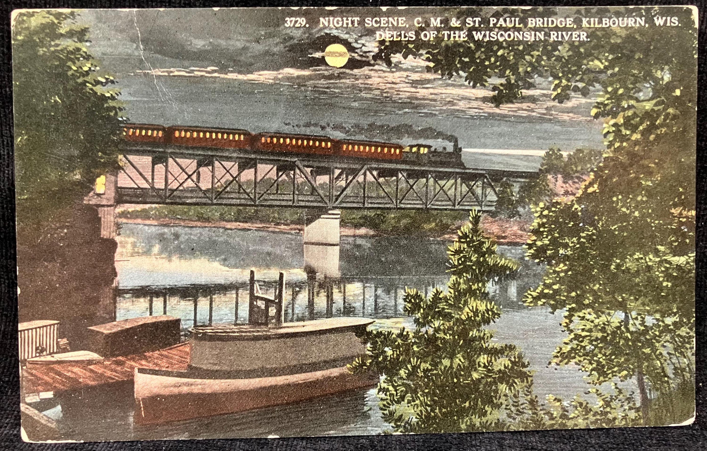 Night Scene - RARE - C. M. & St. Paul Bridge - Kilbourn, Wis. - Dells of the Wisconsin River - Railroad Bridge Postcard - Rare Nighttime RR Photo