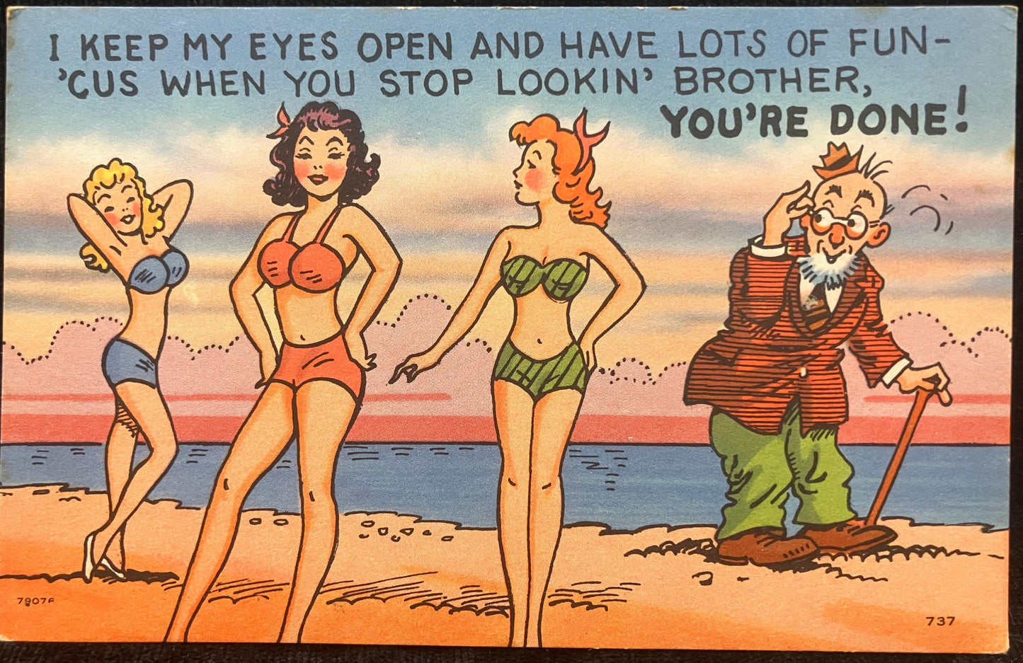 Cartoon Postcards - 1940s-50s - "Sure, It's my Play Suit" - "I Keep my Eyes open and have lots of Fun" - 2 card set