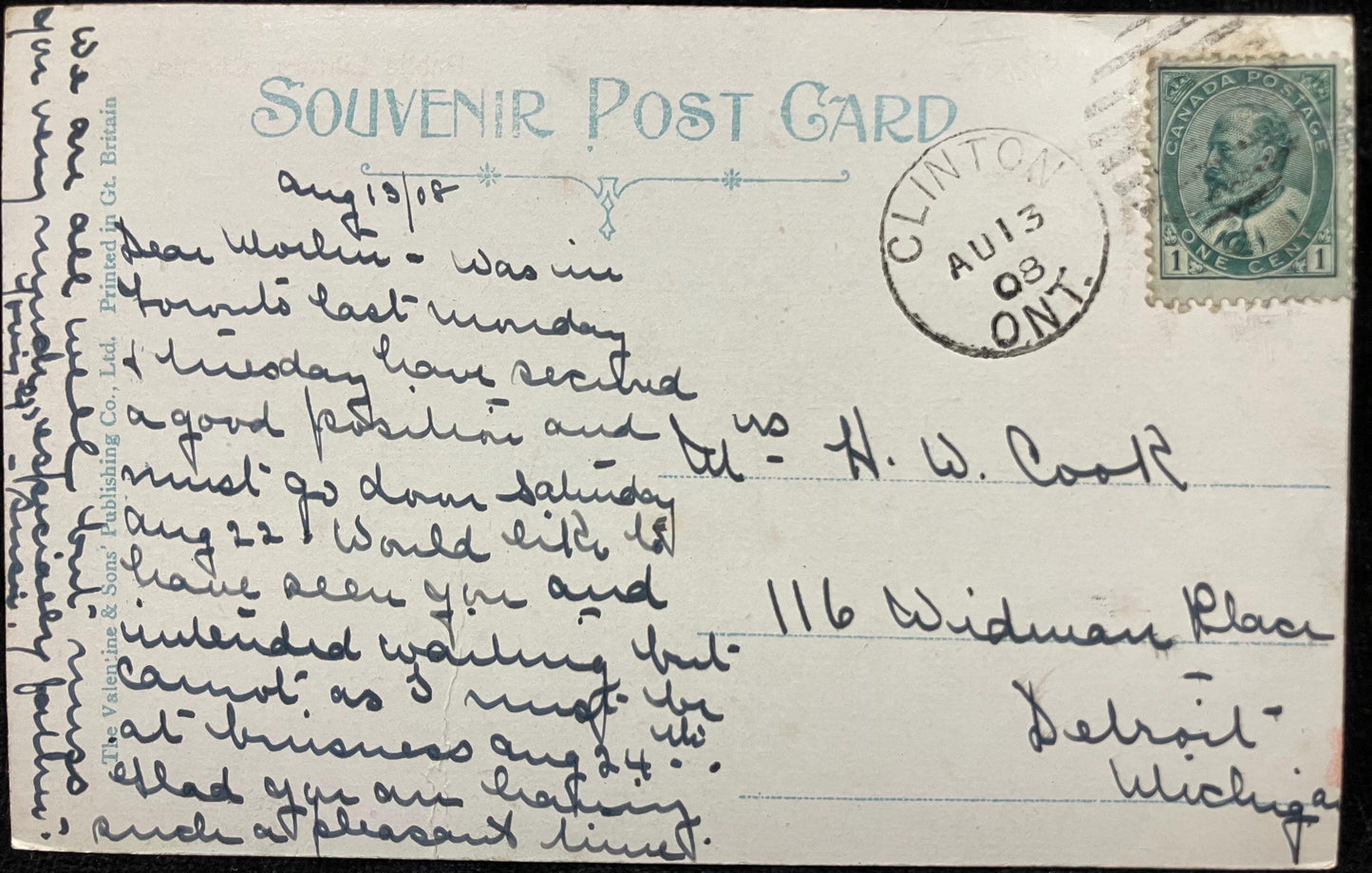 Public Library - Clinton, Ontario, Canada - Printed in Great Britain - 1908 International Postcard