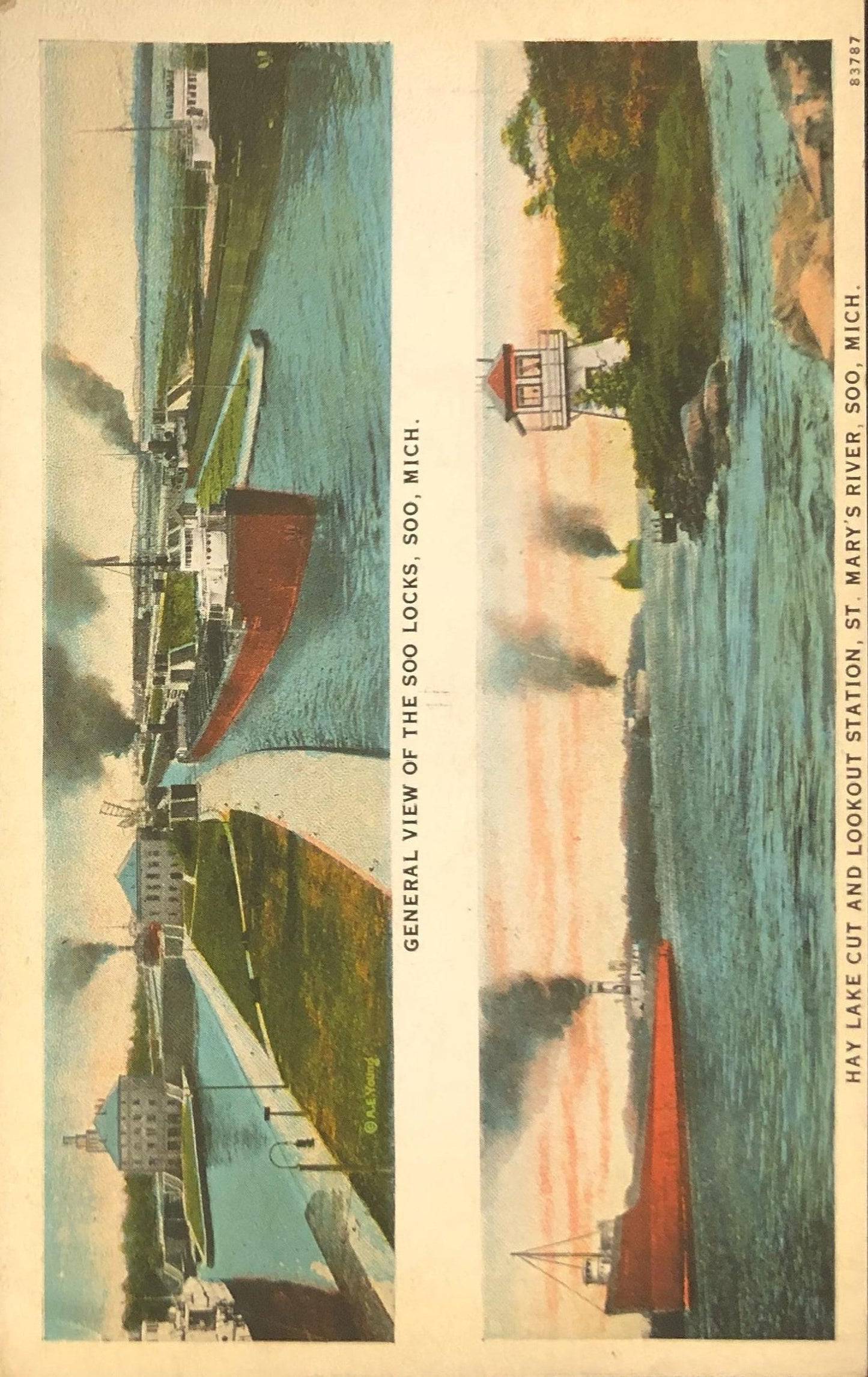 Soo Locks & Hay Lake Cut St. Mary's River, - Great Lakes Staemers in Early 1900 Vintage Postcard