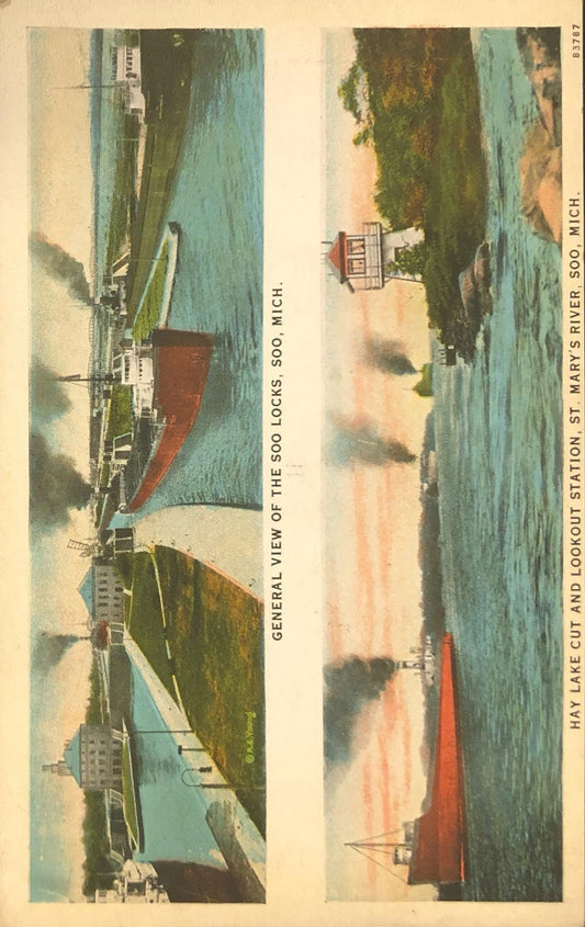 Soo Locks & Hay Lake Cut St. Mary's River, - Great Lakes Staemers in Early 1900 Vintage Postcard
