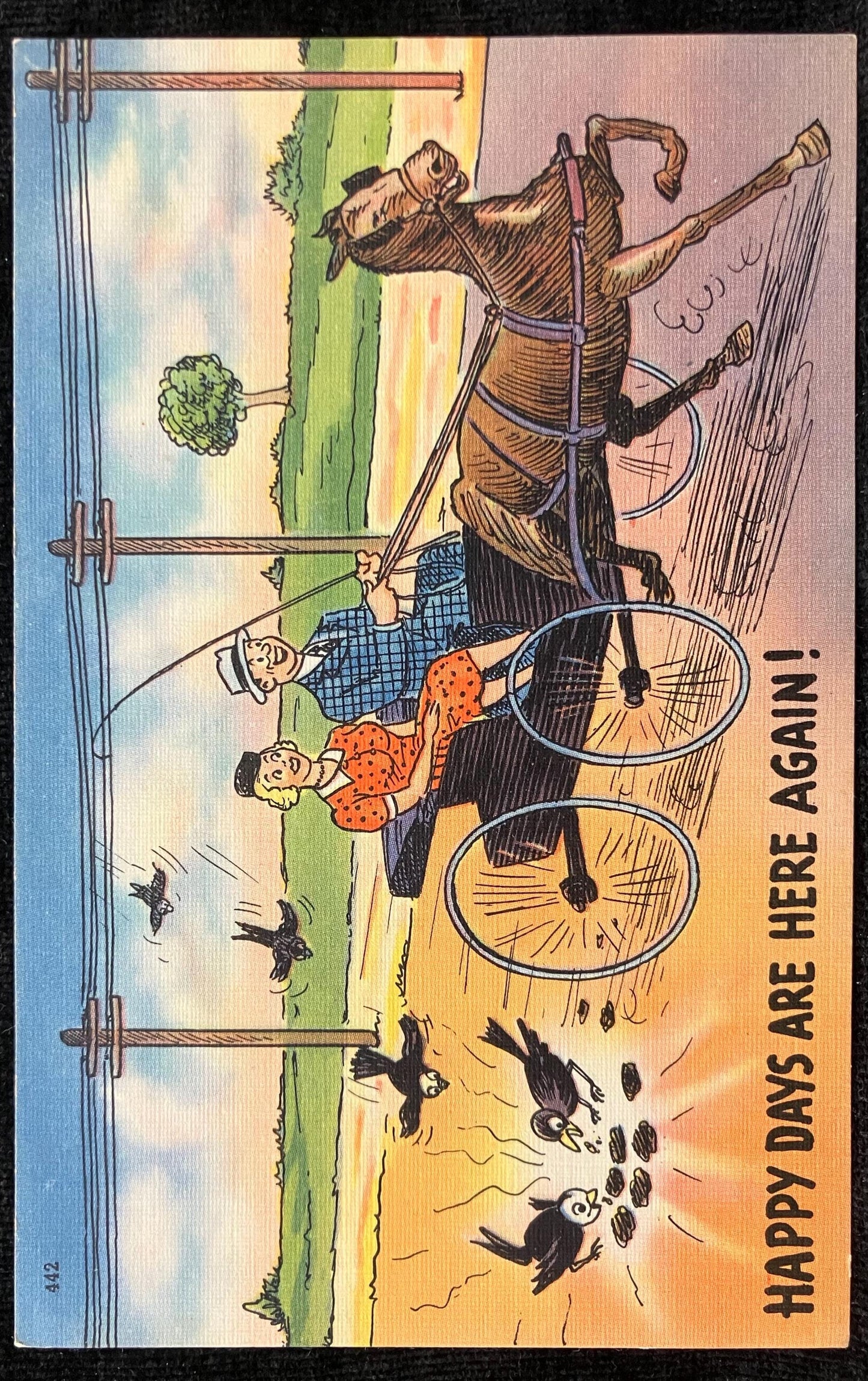 Cartoon Postcard - 1940s-50s - "Happy Days are Here Again" - Sold in Grayling Michigan - Horse and Buggy with Crows - Vintage Joke Card