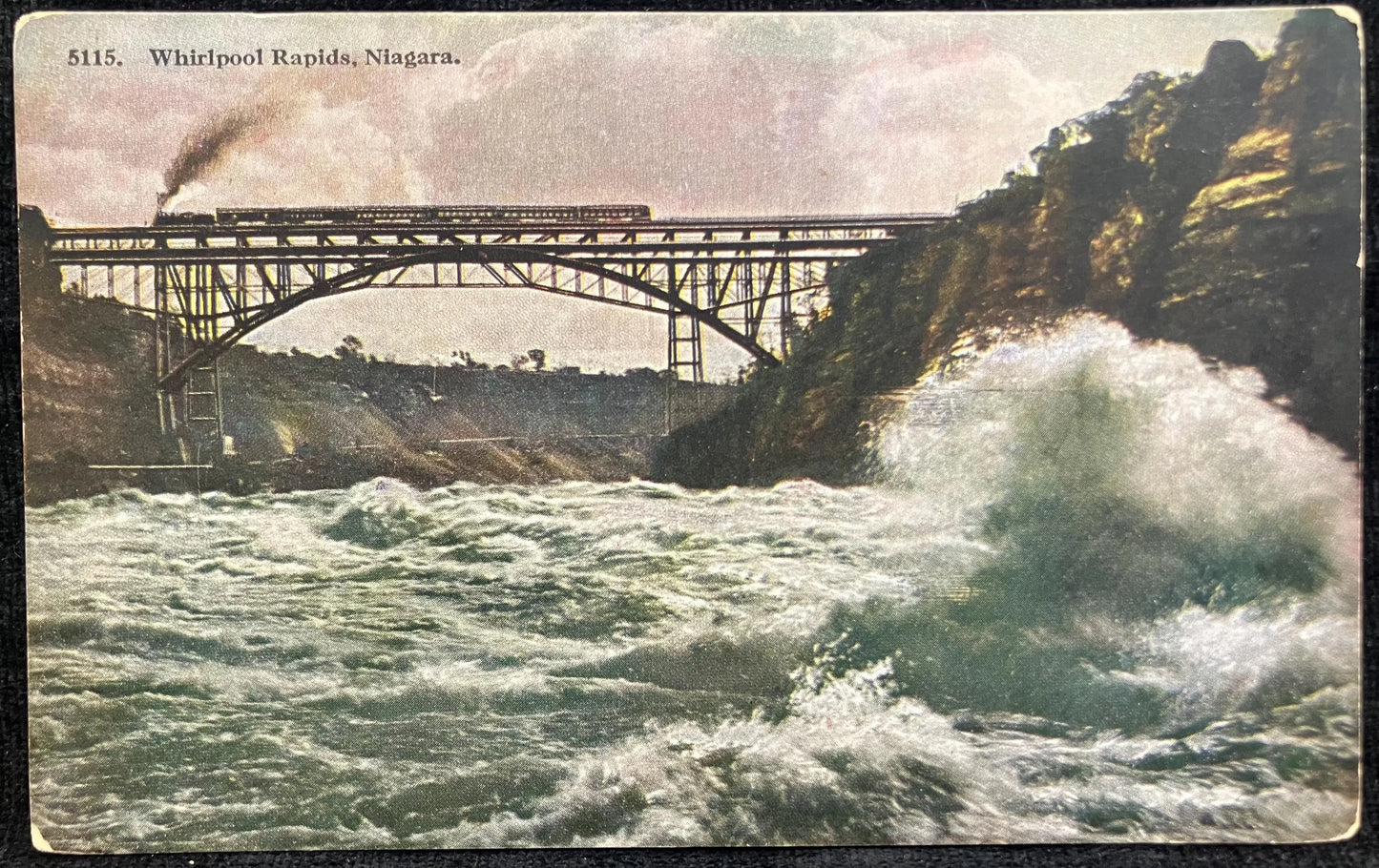 Whirlpool Rapids, Niagara, Steam Engine crossing Bridge, Early 1900s - Grand Trunk Single Arch Bridge near Niagara - Vintage Bridge Postcard