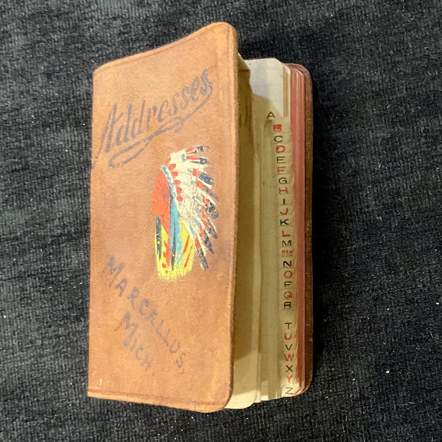 Mini Address Book Made by Indigenous People in Marcellus, Michigan -1930s Souvenir - Native American Made Leather Covered Book