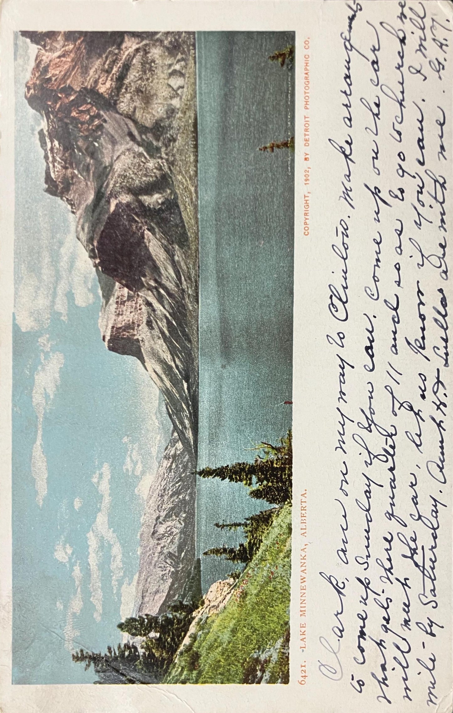 Lake Minnewanka - Alberta, Canada - Copyright, 1902, by Detroit Photographic Co. - Vintage Lake Postcard -mailed 1906 - address only backside