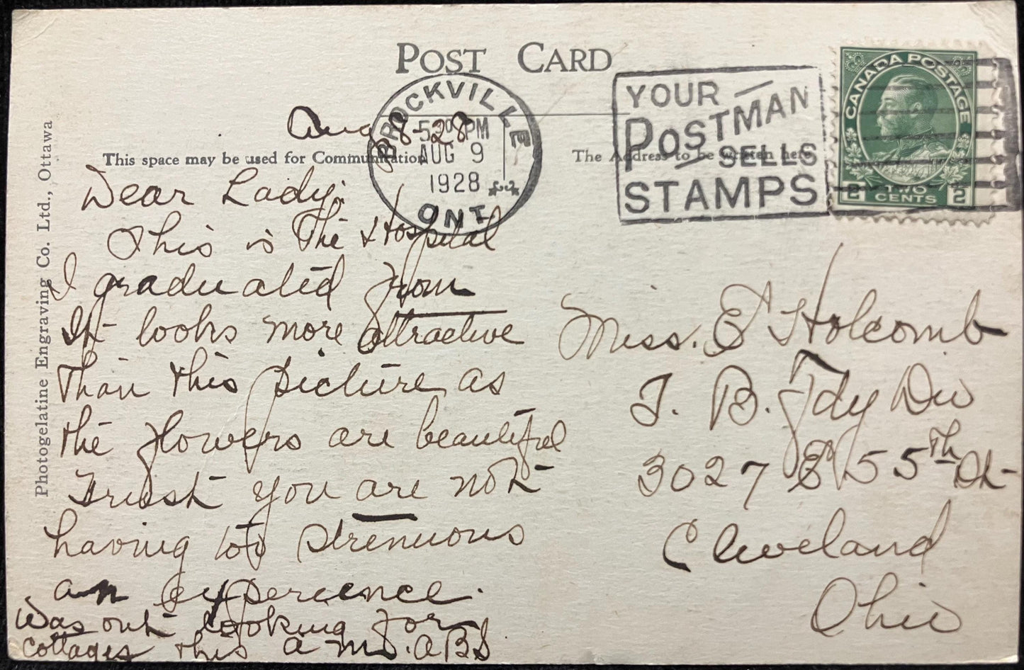 General Hospital - Brockville, Can. - 1920 Hospital Postcard