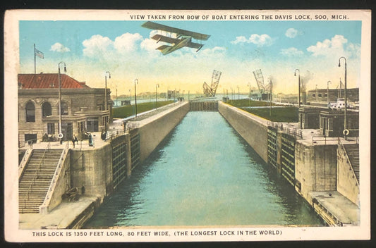 Davis Lock Soo Michigan, Green 1921 Washinton 1 Cent Stamp, with airplane Vintage Post Card