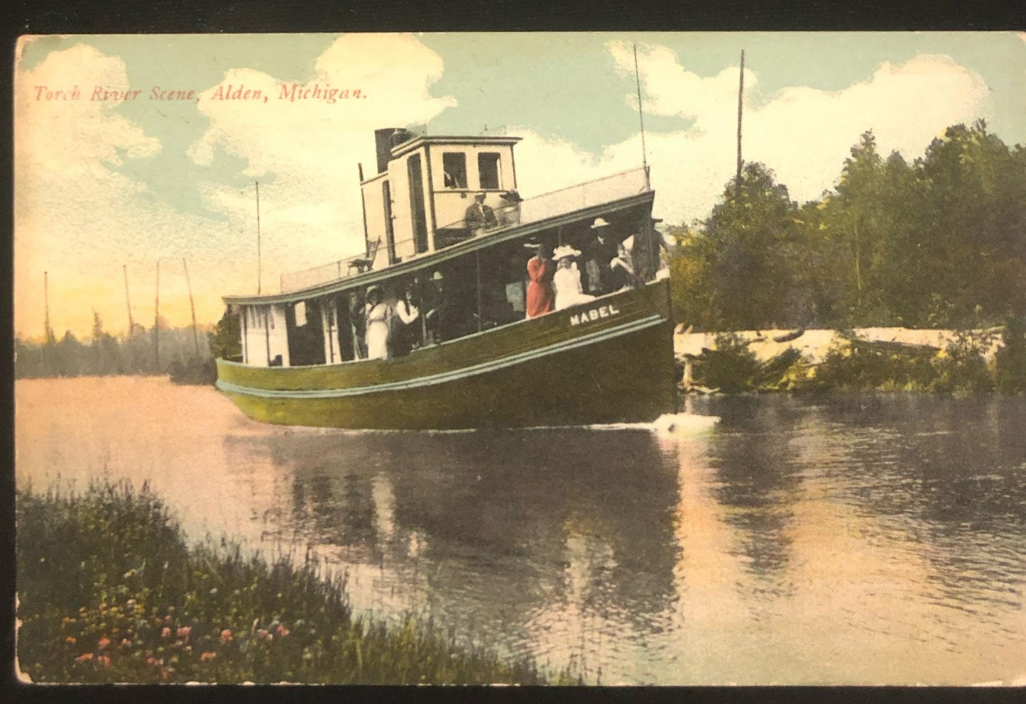 Torch River Scene - Alden, Michigan - Green 1 cent 1908 Geo. Washington Stamp - RARE 1908 Northern Michigan Post Card