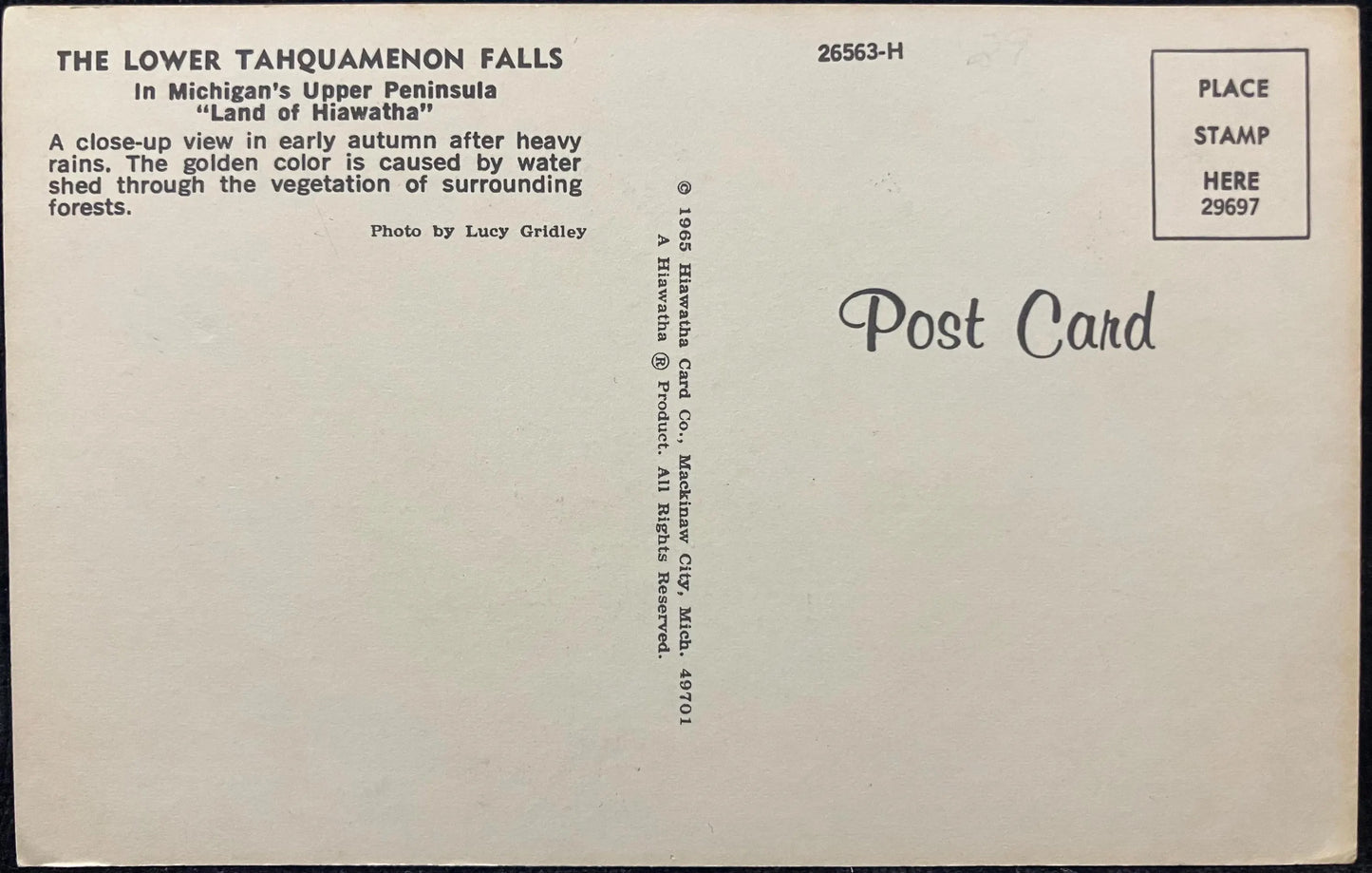 The Lower Tahquamenon Falls - In Michigan's Upper Peninsula "Land of Hiawatha" - Photo: Lucy Gridley - Vintage Postcard