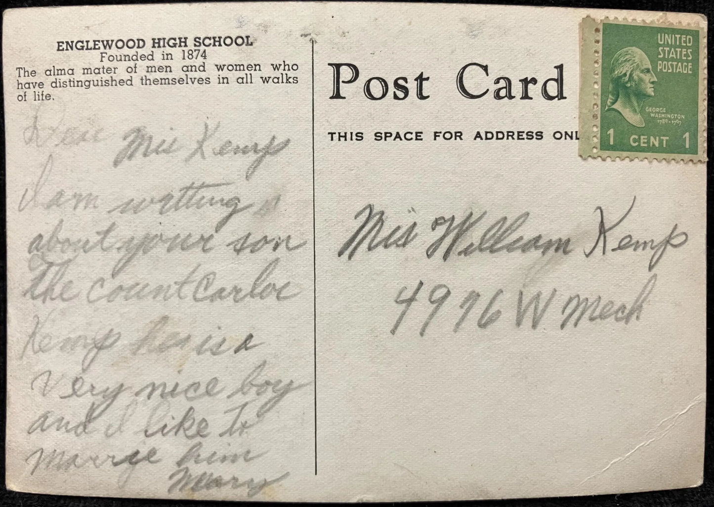Englewood High School - Illinois - Vintage High School Postcard