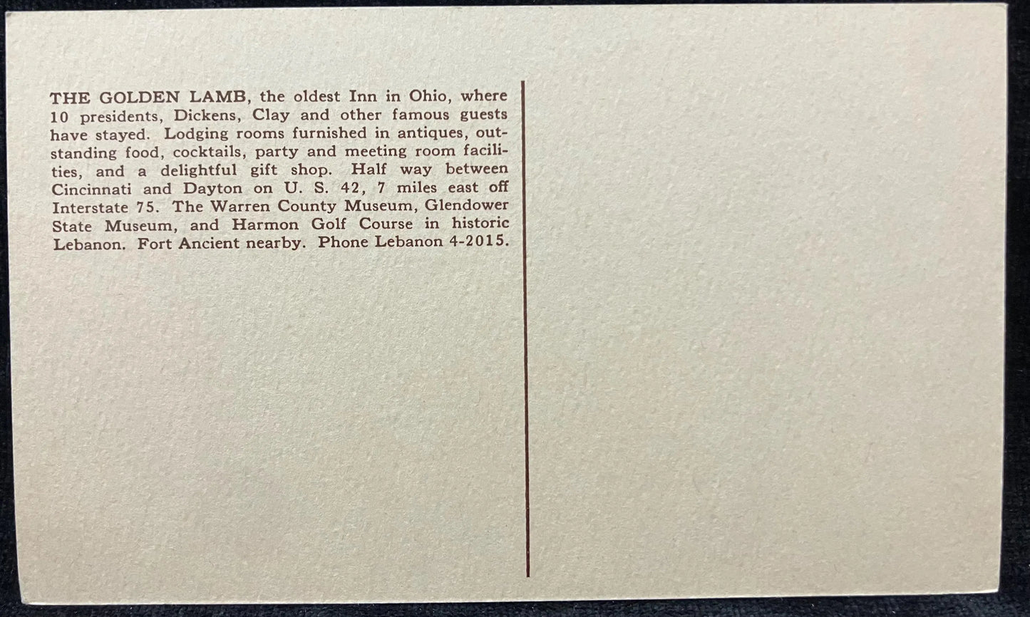 The Golden Lamb Inn - Established 1815 - Lebanon, Ohio - Vintage Lodge Postcard