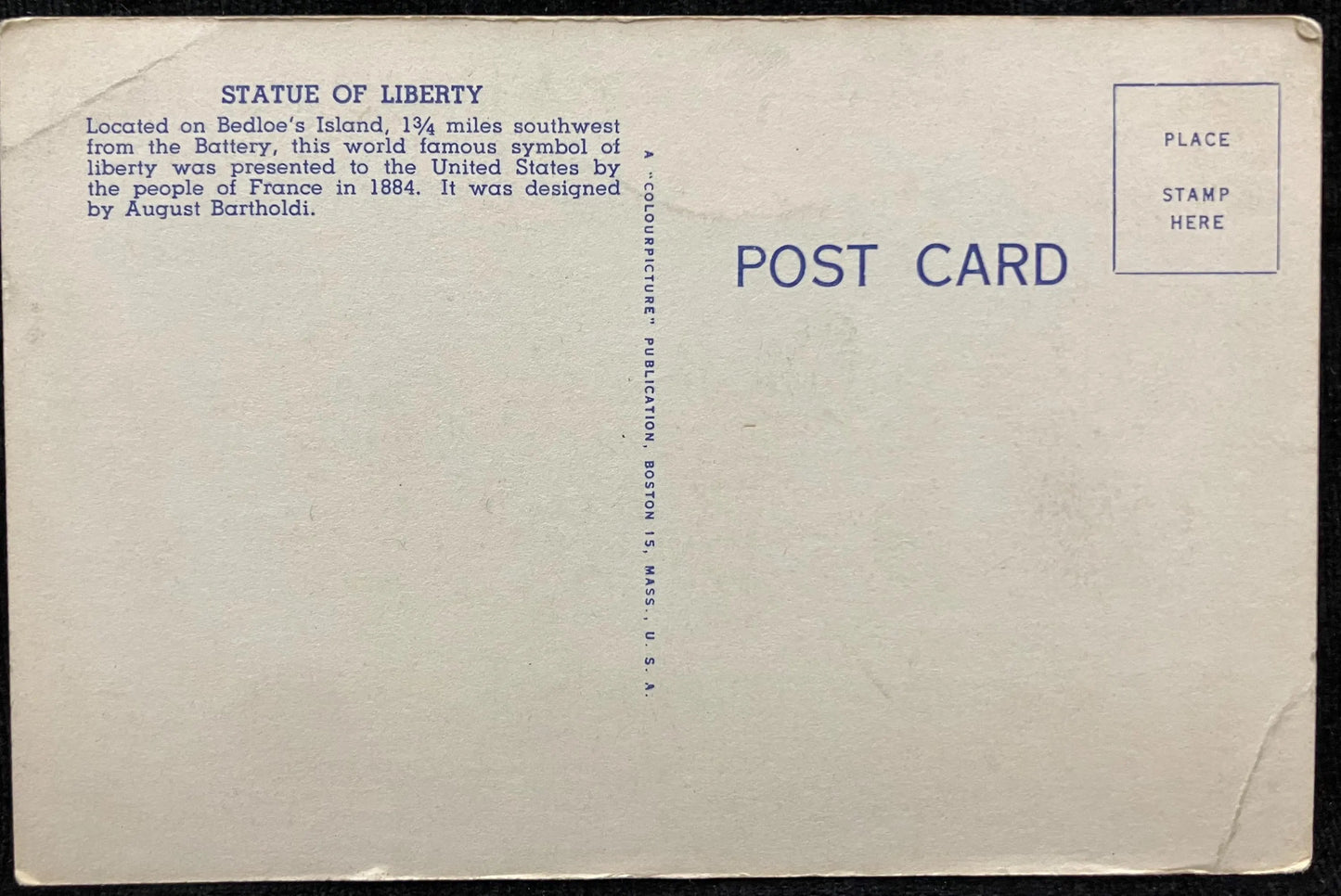 Statue of Liberty - Bedloe’s Island, New York - Vintage Postcard