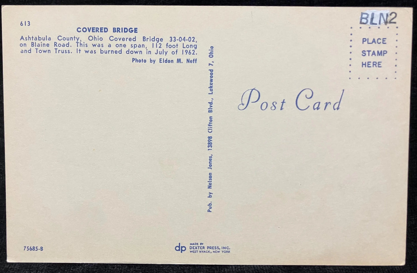 Covered Bridge in Ashtabula County, Ohio - Photo: Eldon M. Neff - Vintage Postcard