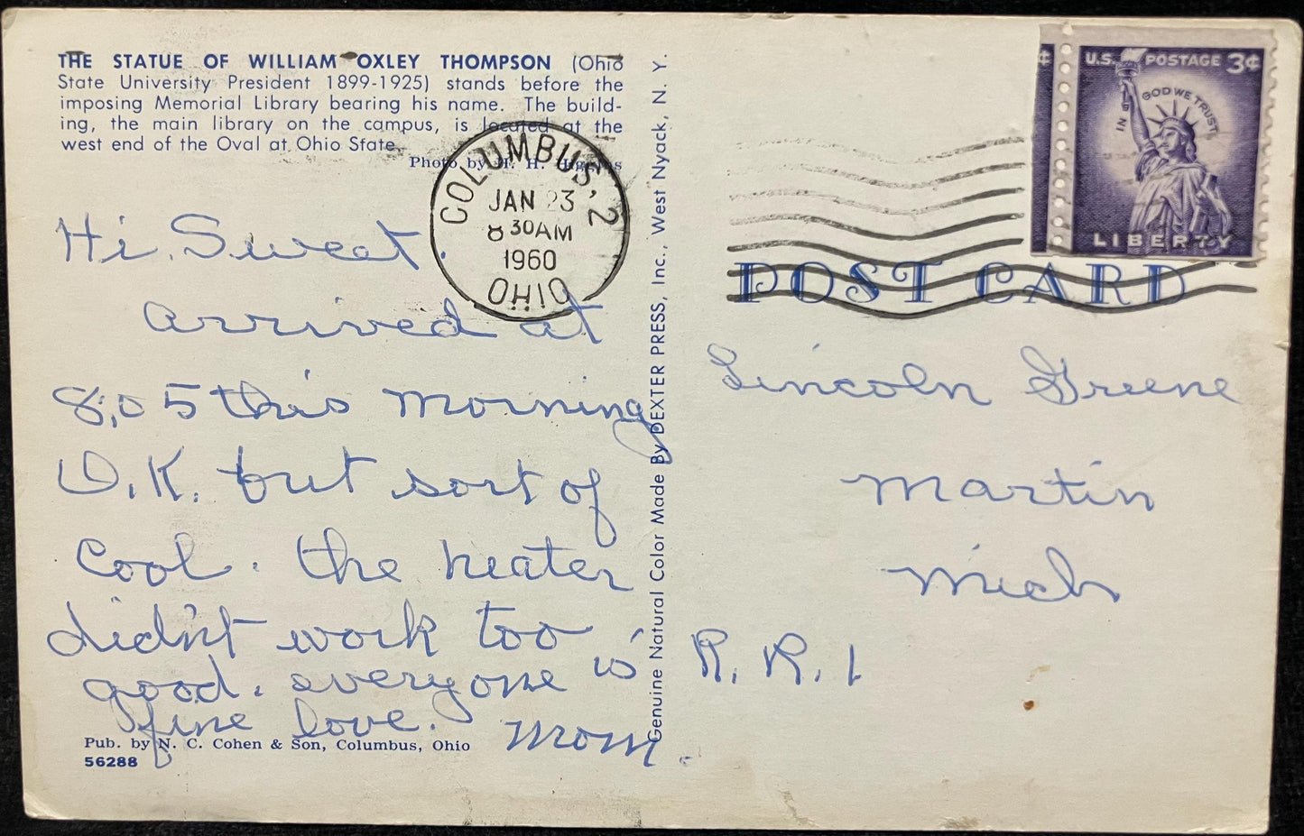 The State of William Oxley Thompson - Ohio State University Campus, Columbus, Ohio - Photo: H. H. Higgins - Vintage University Postcard